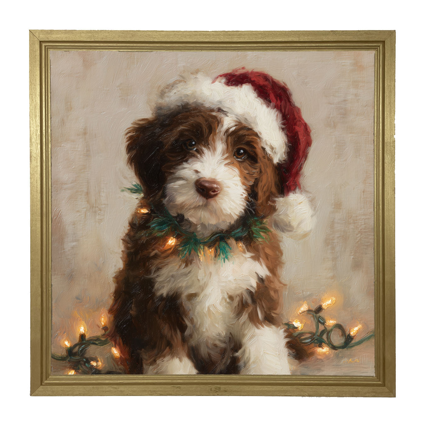 Christmas Lights with Brown and White Dog - Framed Art