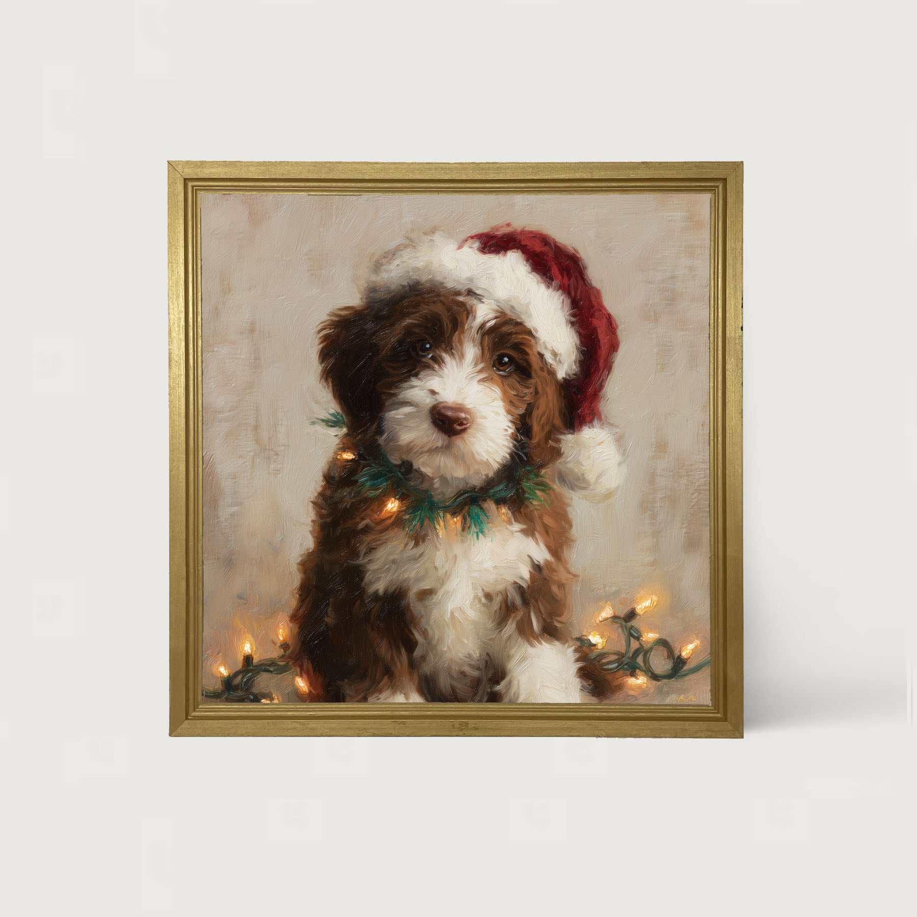 Christmas Lights with Brown and White Dog