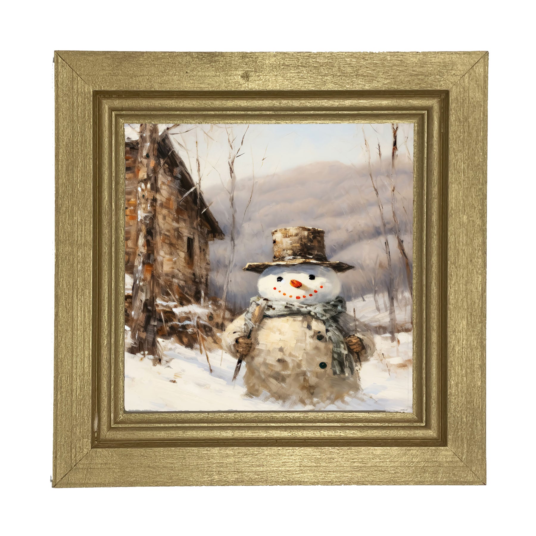 Snowman near barn - Framed art