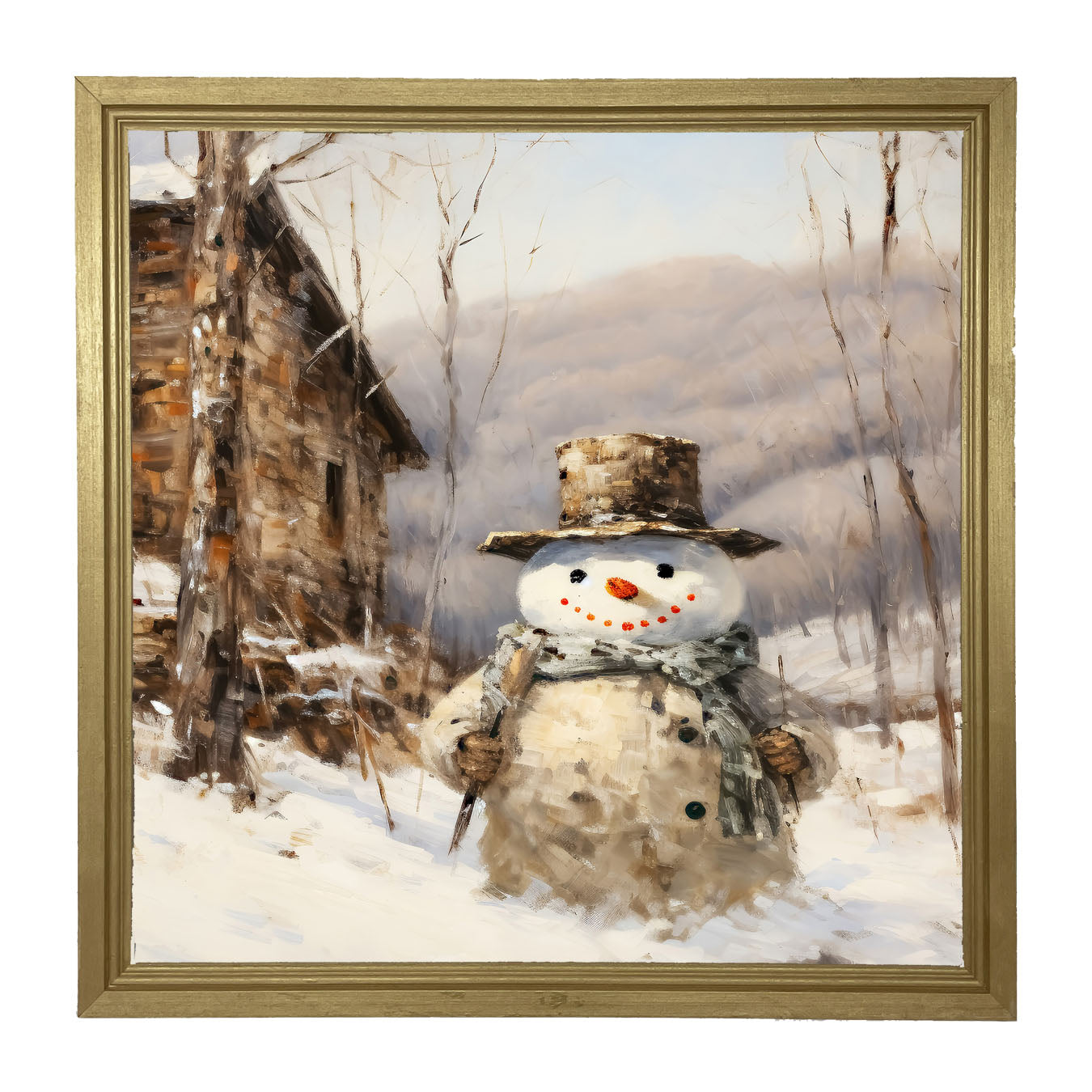 Snowman near barn - Framed art