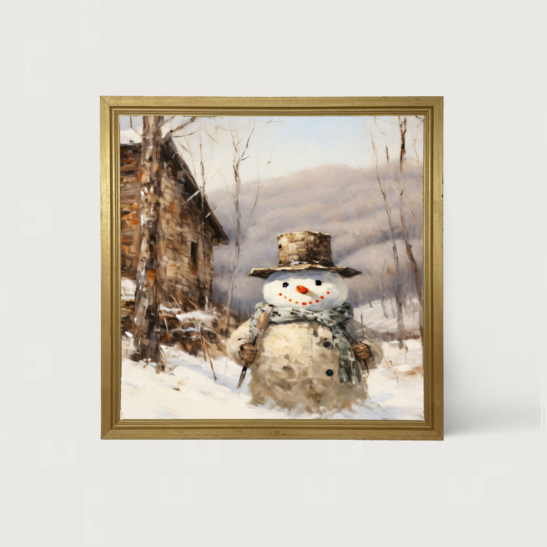 Snowman near barn - Framed art
