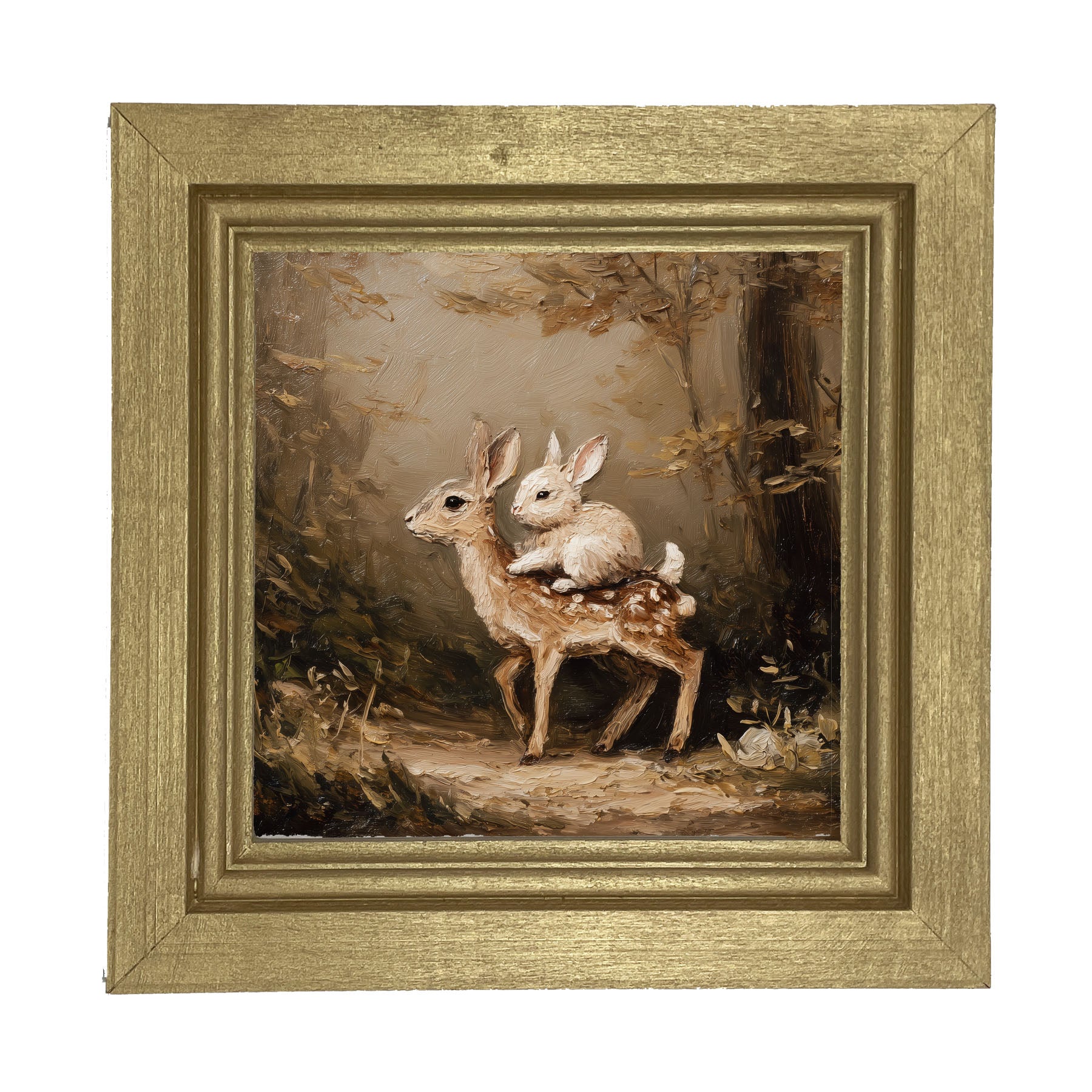 Bunny on Deer in Forest - Framed Art
