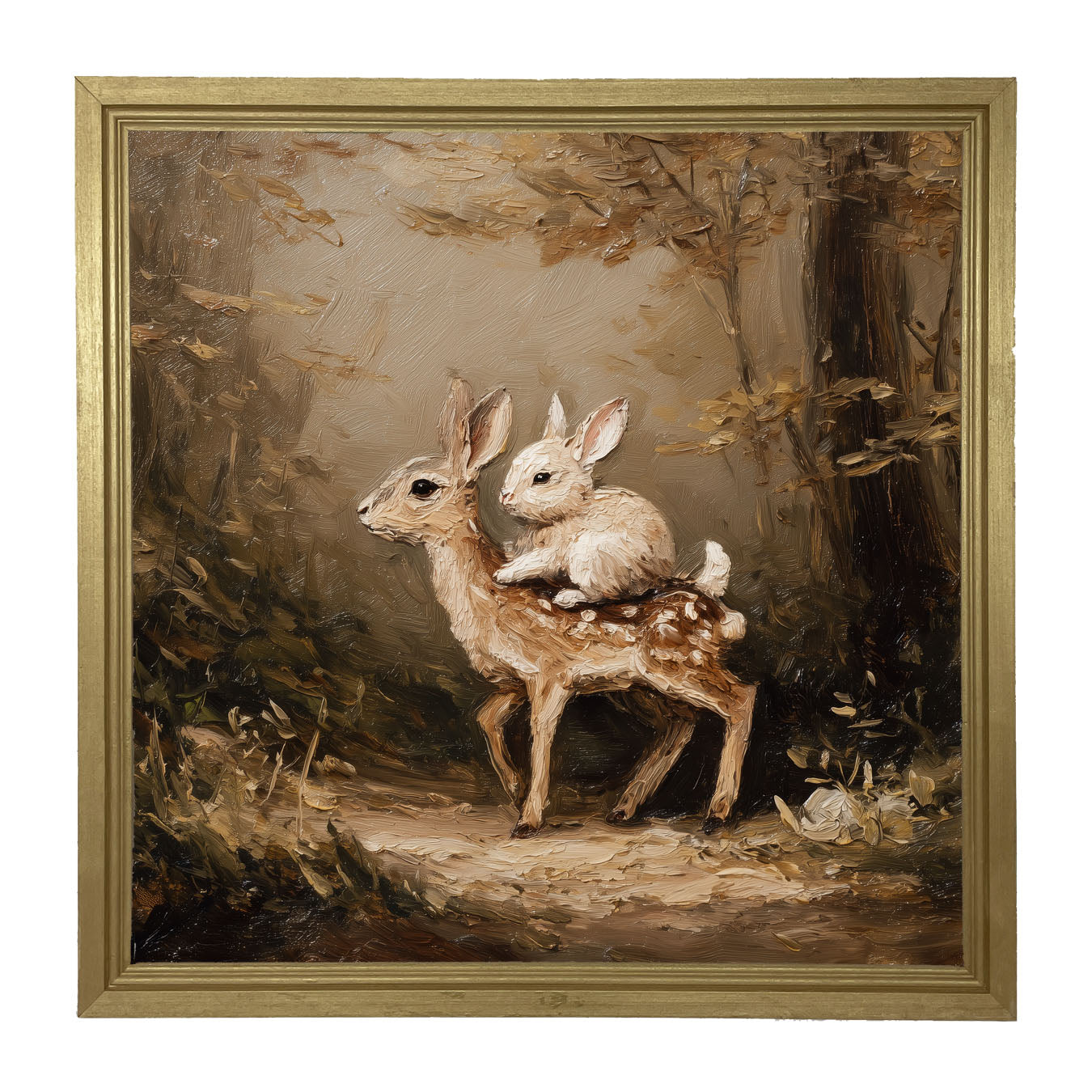 Bunny on Deer in Forest - Framed Art