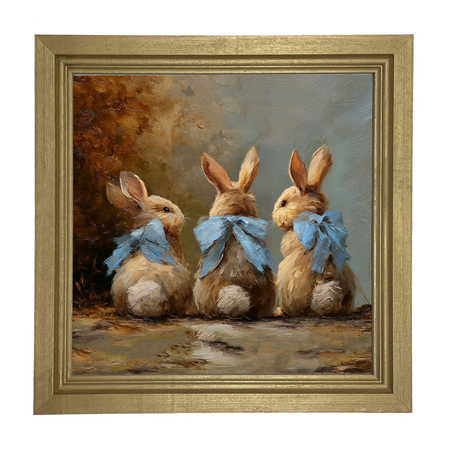 Bunnies with Blue Bows in Autumn - Framed Art