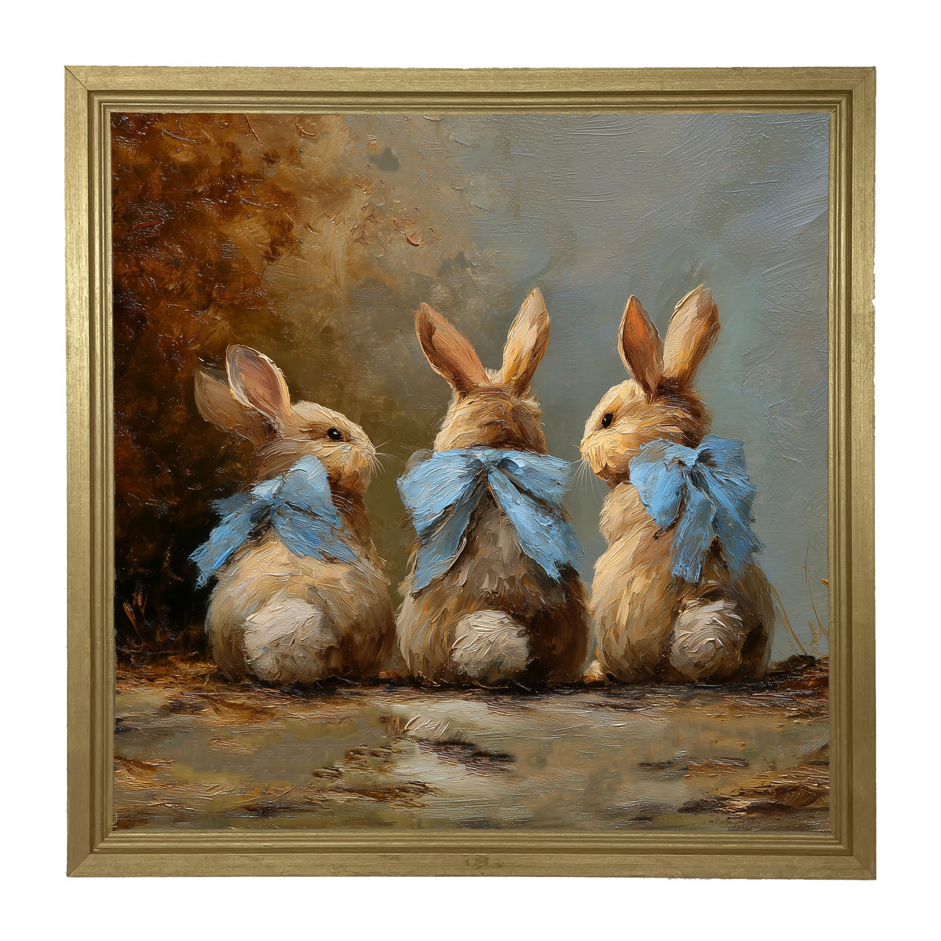 Bunnies with Blue Bows in Autumn - Framed Art