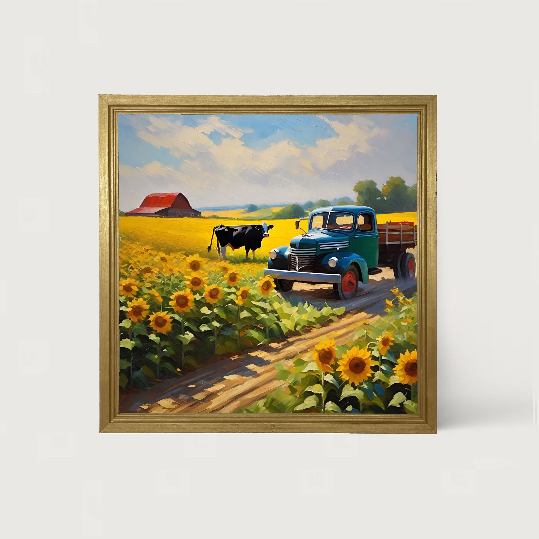 Old truck with black cow - Framed art