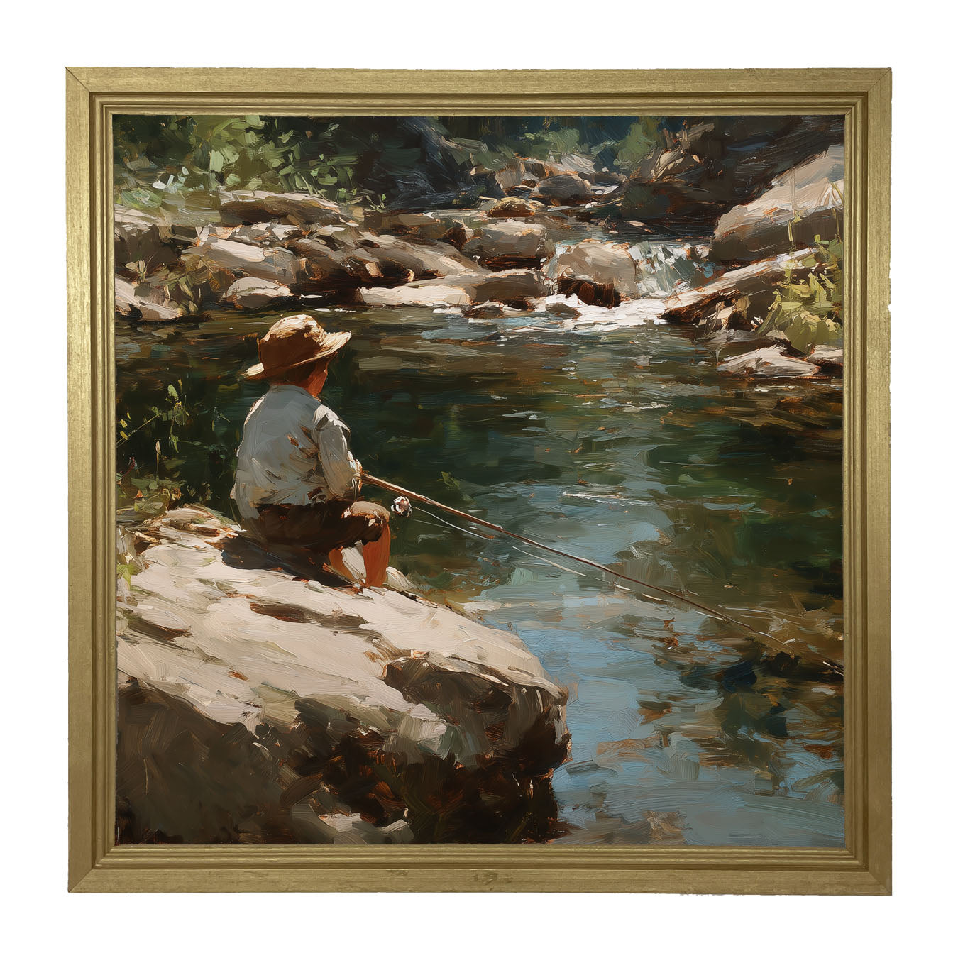 Fishing - Boy on River Rock - Framed Art