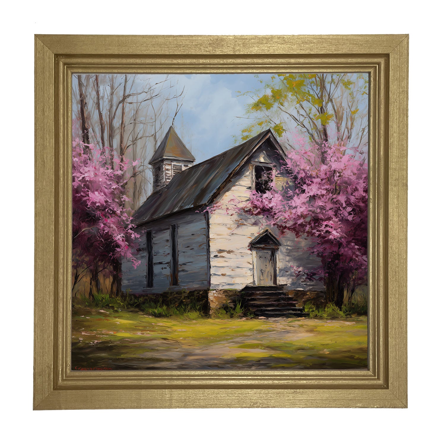 Country Church with Purple Flowering Tree - Framed Art
