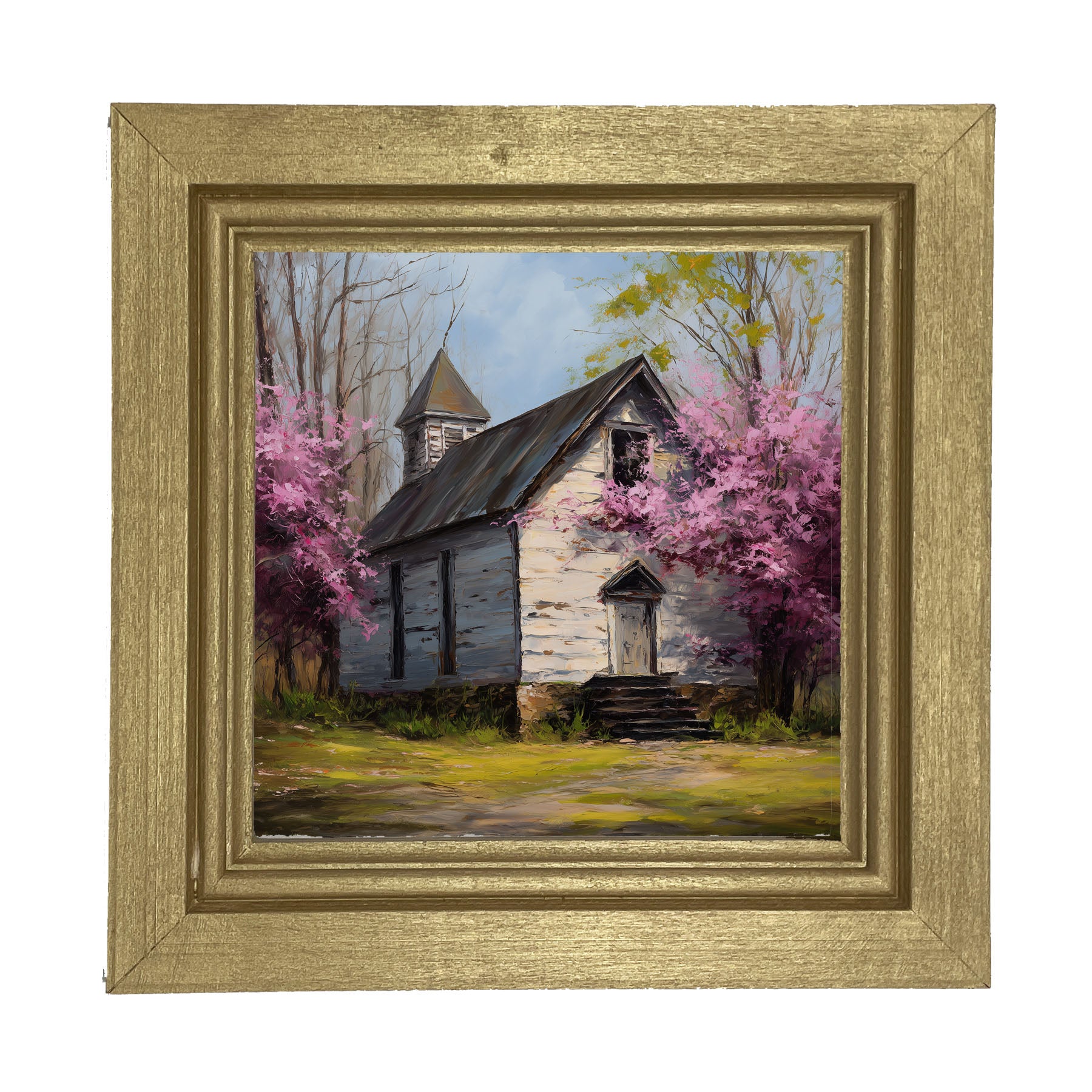 Country Church with Purple Flowering Tree - Framed Art