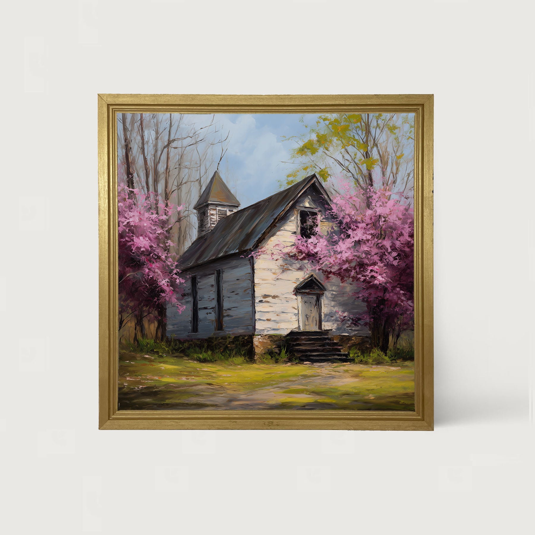 Country Church with Purple Flowering Tree