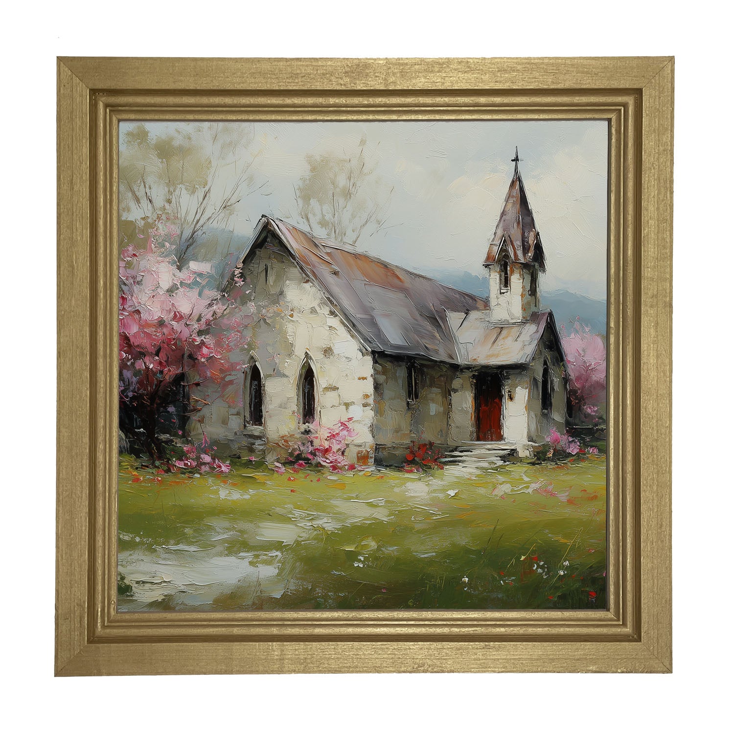 Country Church with Pink and Purple Flowering Trees - Framed Art