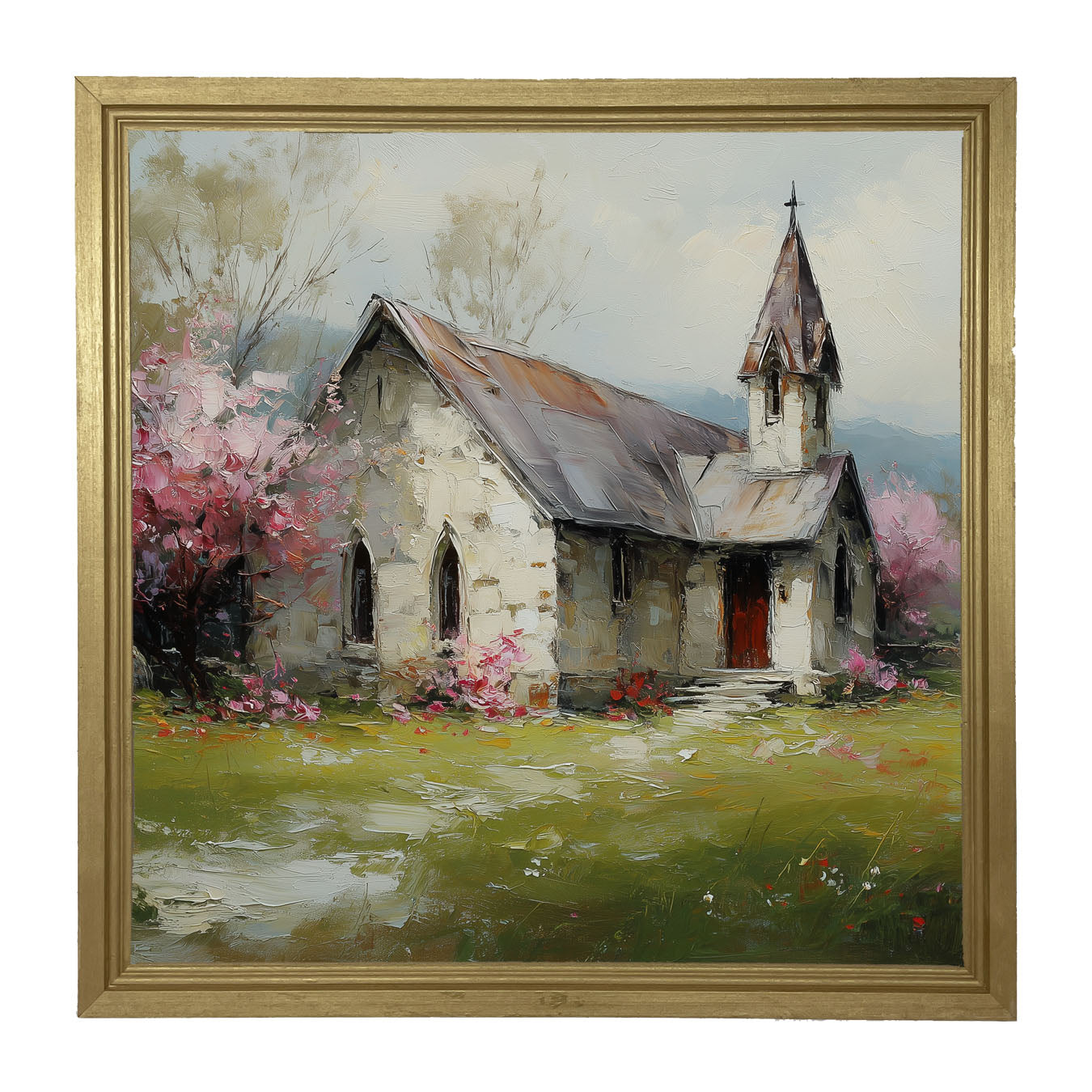 Country Church with Pink and Purple Flowering Trees - Framed Art