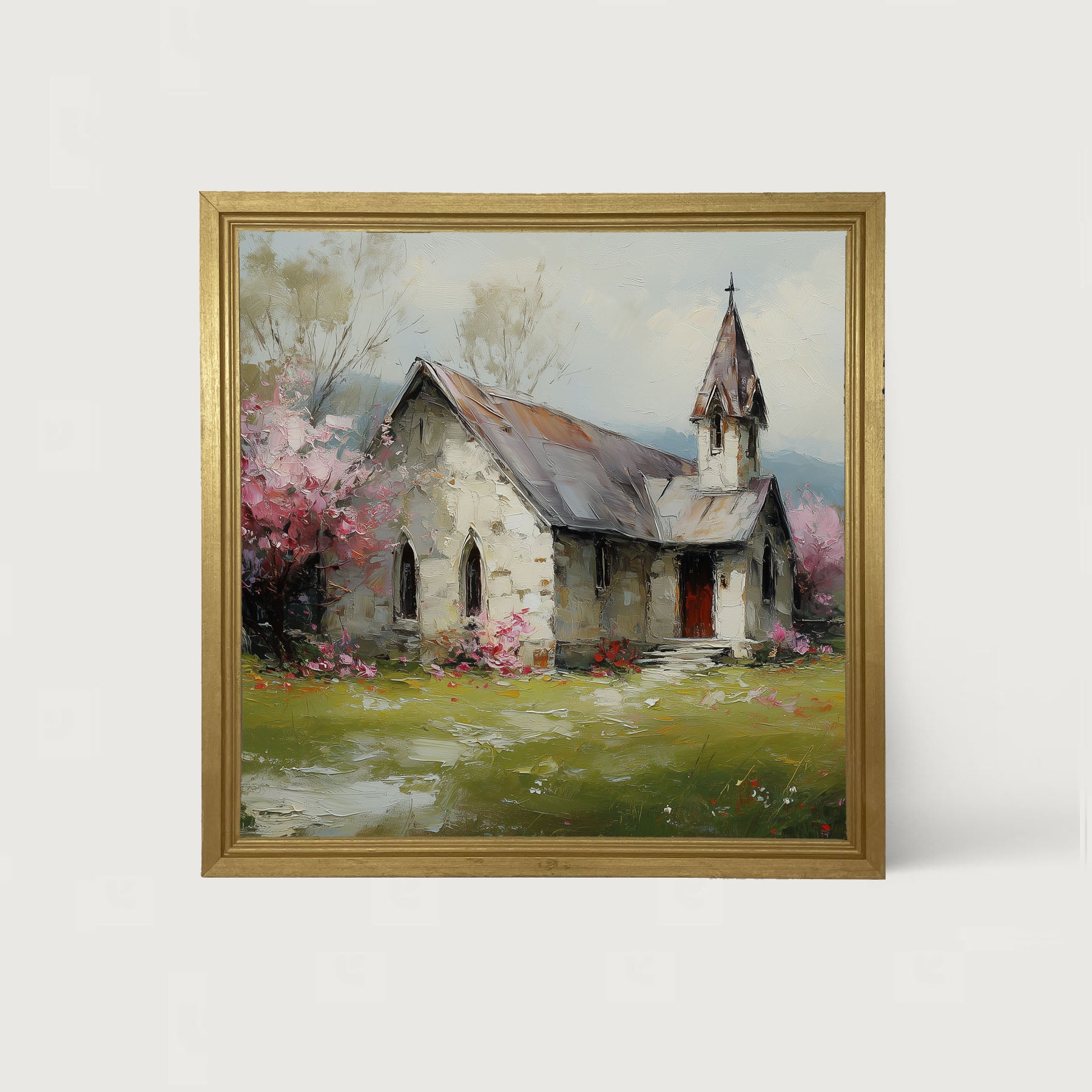 Country Church with Pink and Purple Flowering Trees