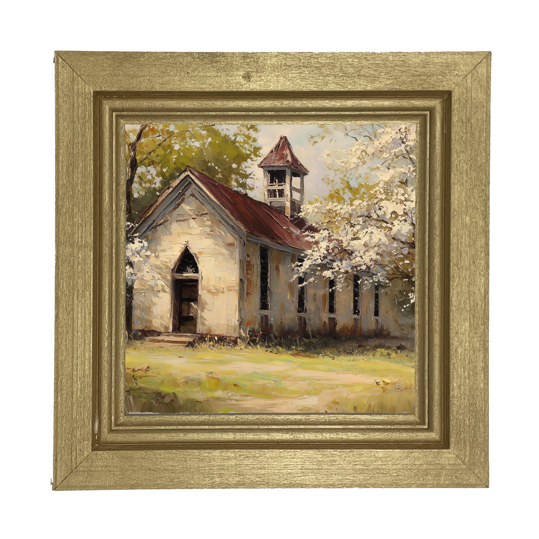 Country Church with White Flowering Trees - Framed Art