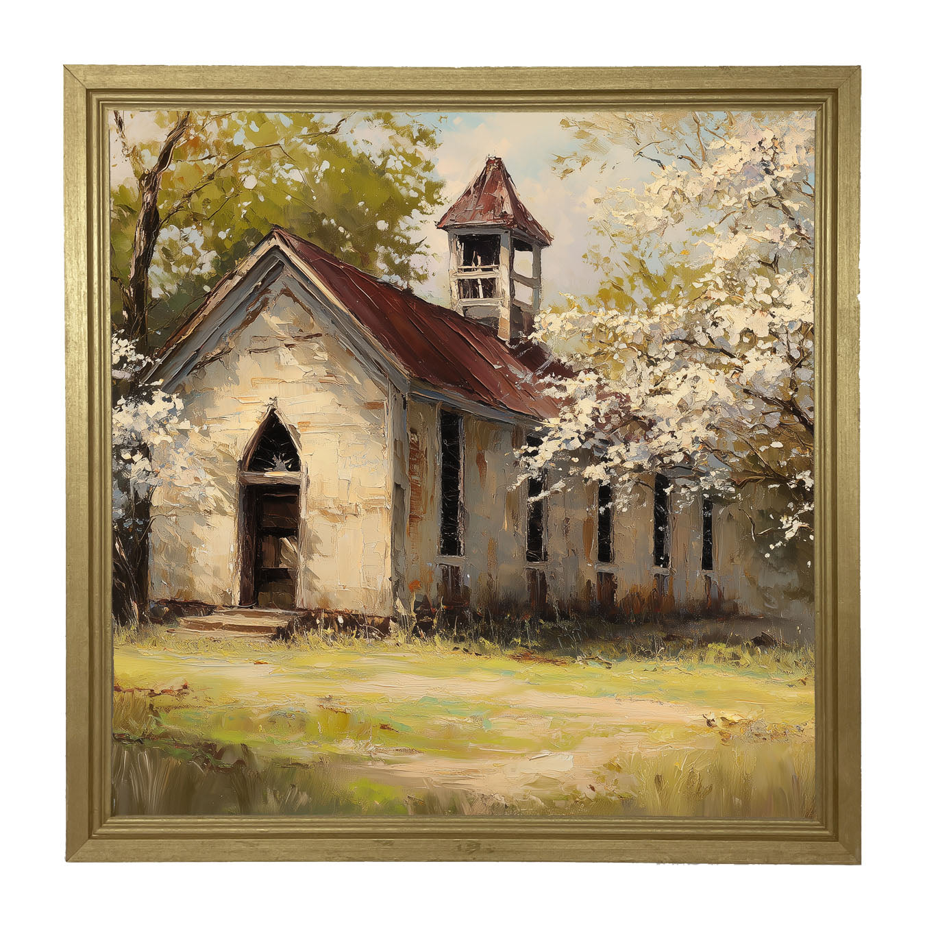 Country Church with White Flowering Trees - Framed Art