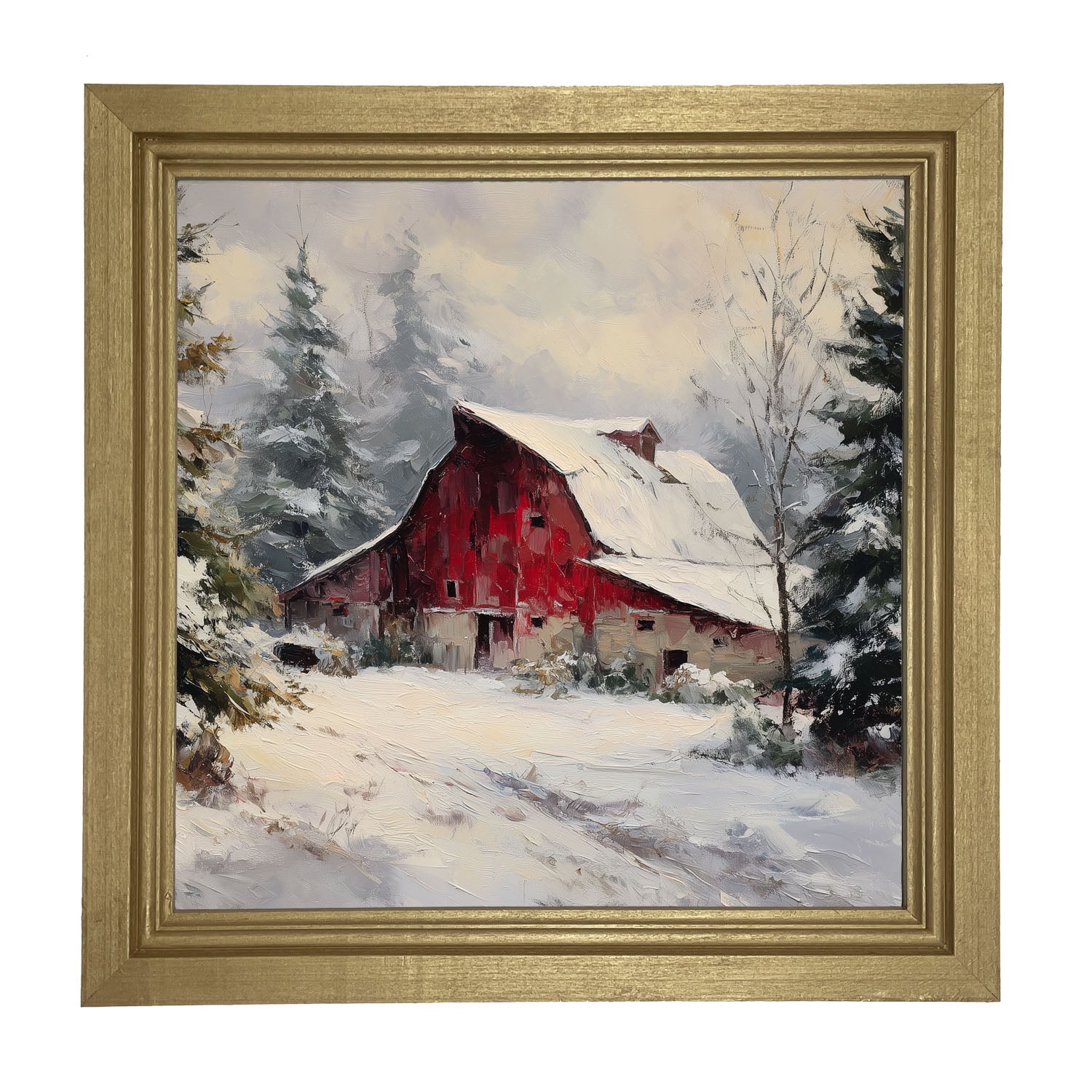 Red Country Barn in Winter - Framed Art