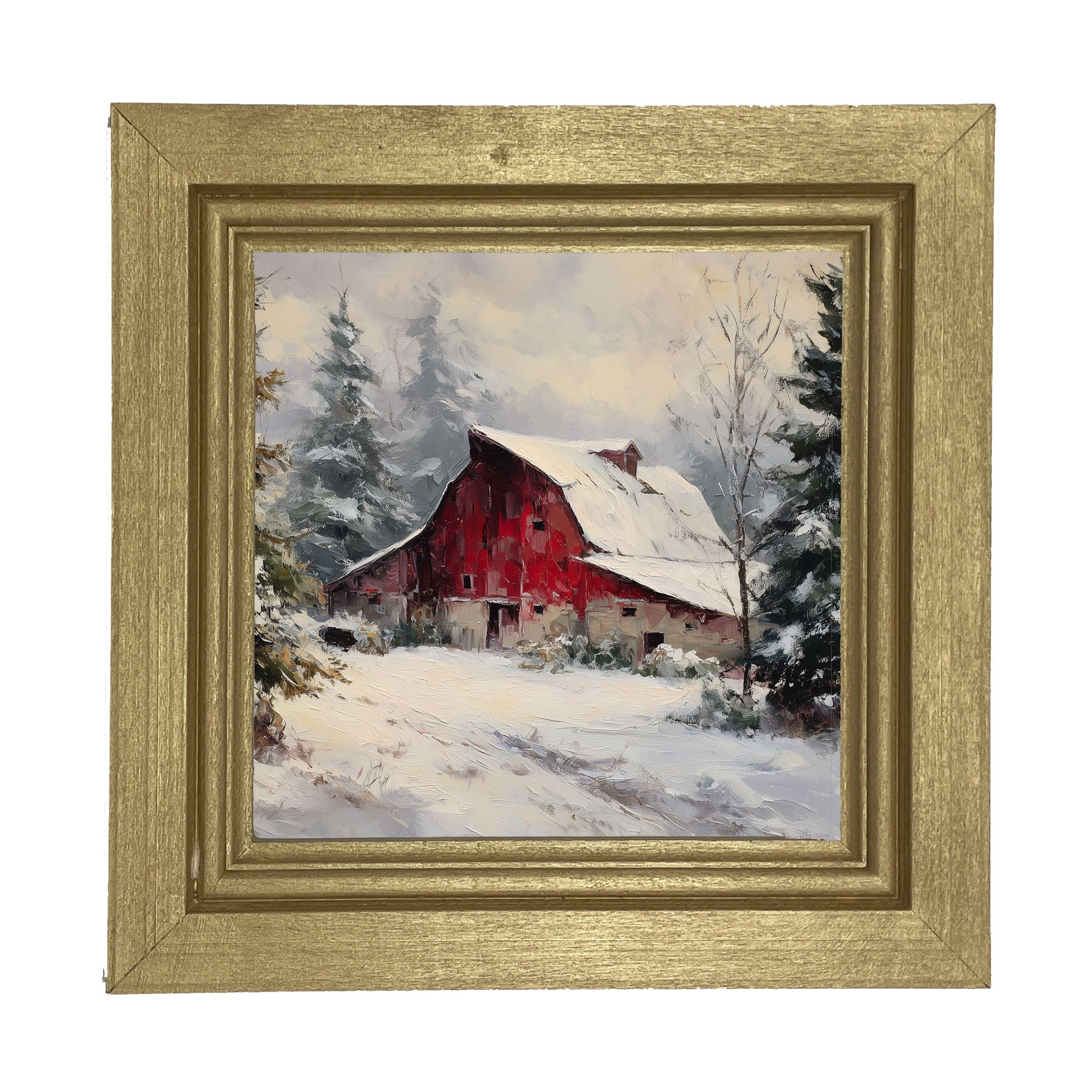 Red Country Barn in Winter - Framed Art