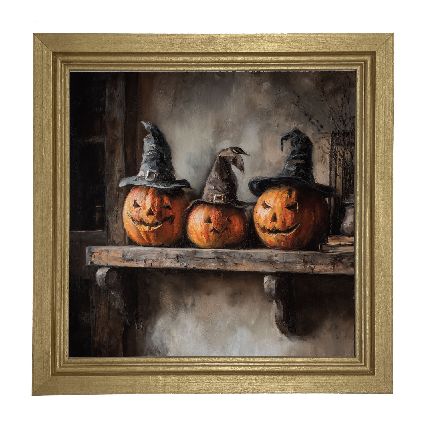 Trio of Jack-o-Lanterns in Witch Hats - Framed Art