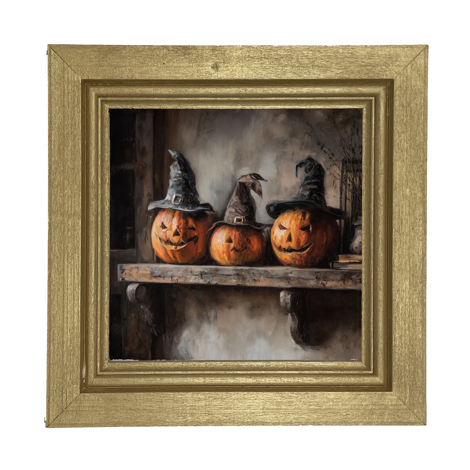 Trio of Jack-o-Lanterns in Witch Hats - Framed Art