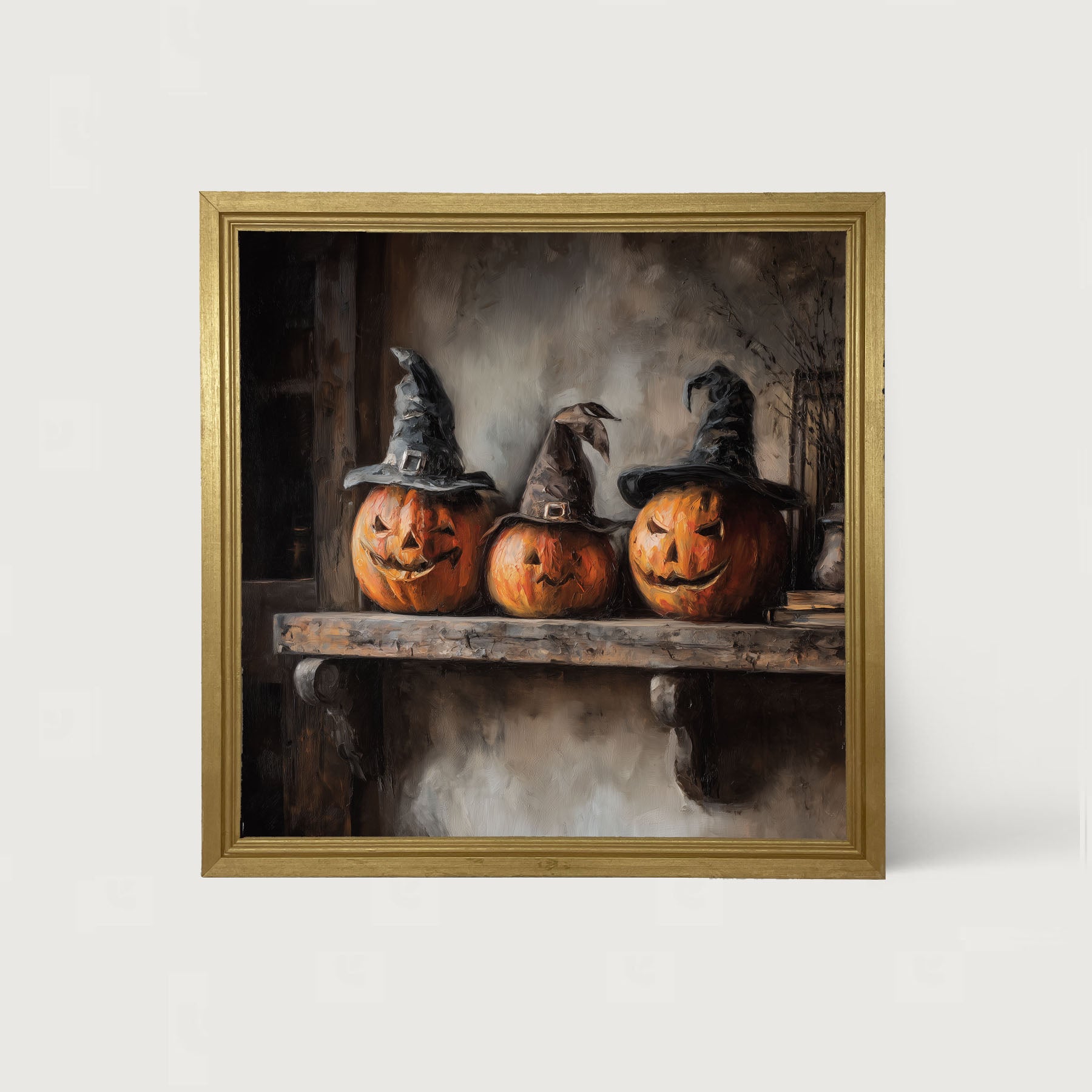 Trio of Jack-o-Lanterns in Witch Hats
