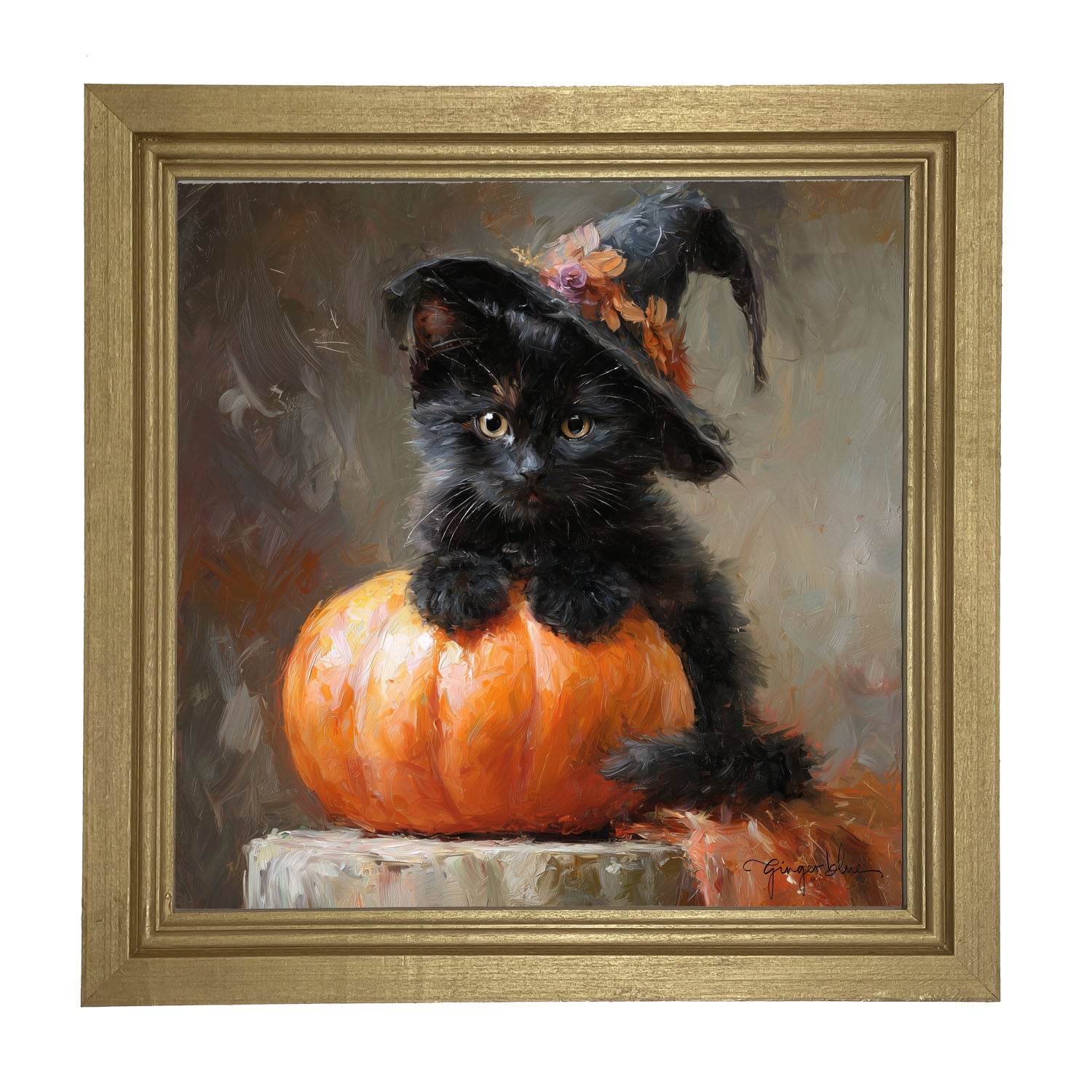 Black Kitten with Pumpkin - Framed Art