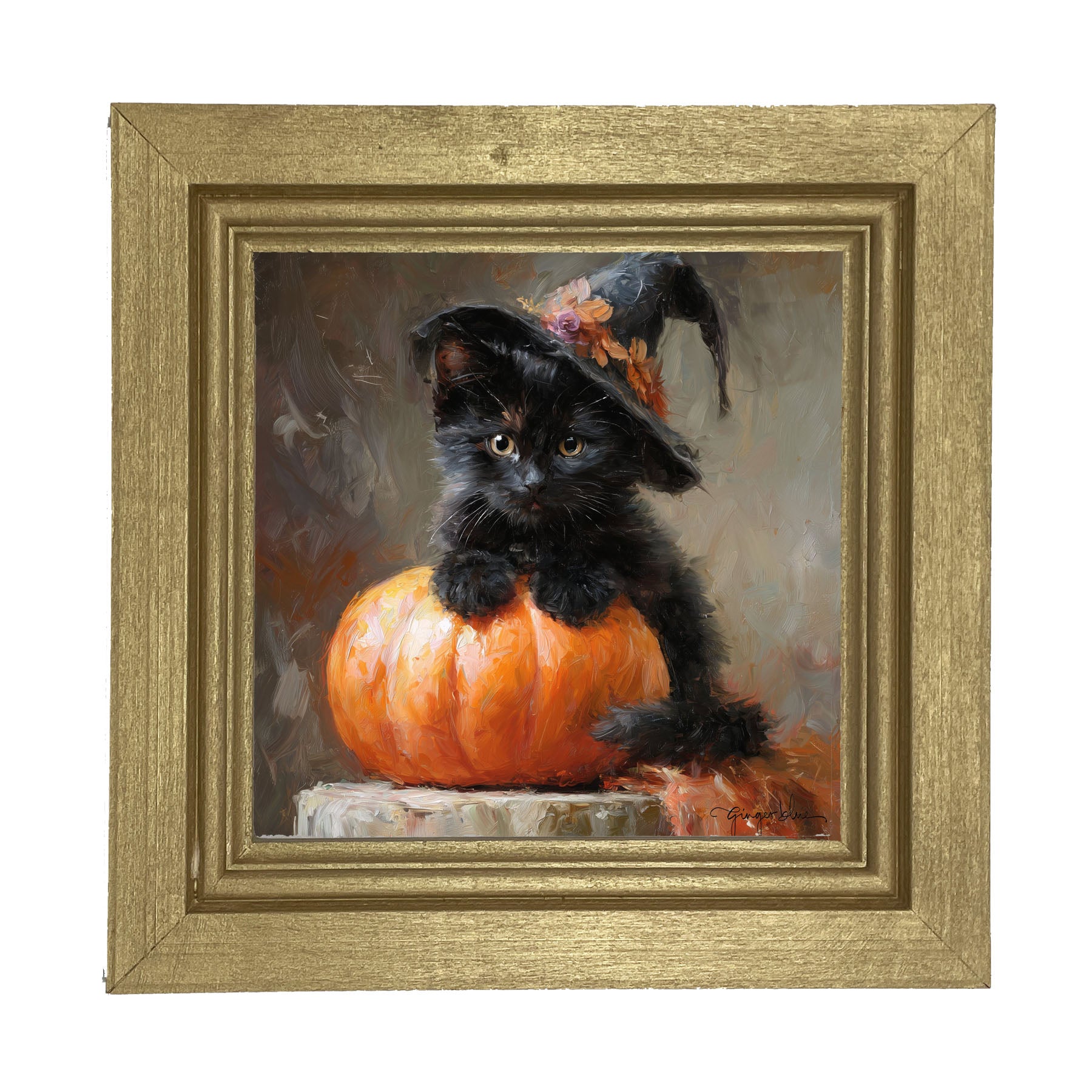 Black Kitten with Pumpkin - Framed Art
