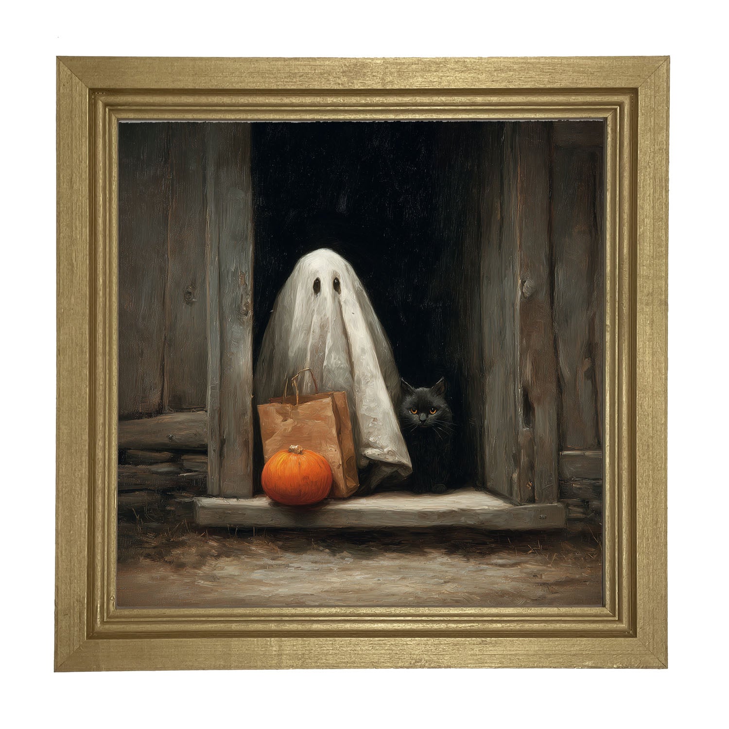 Ghost with Black Cat Trick or Treating - Framed Art