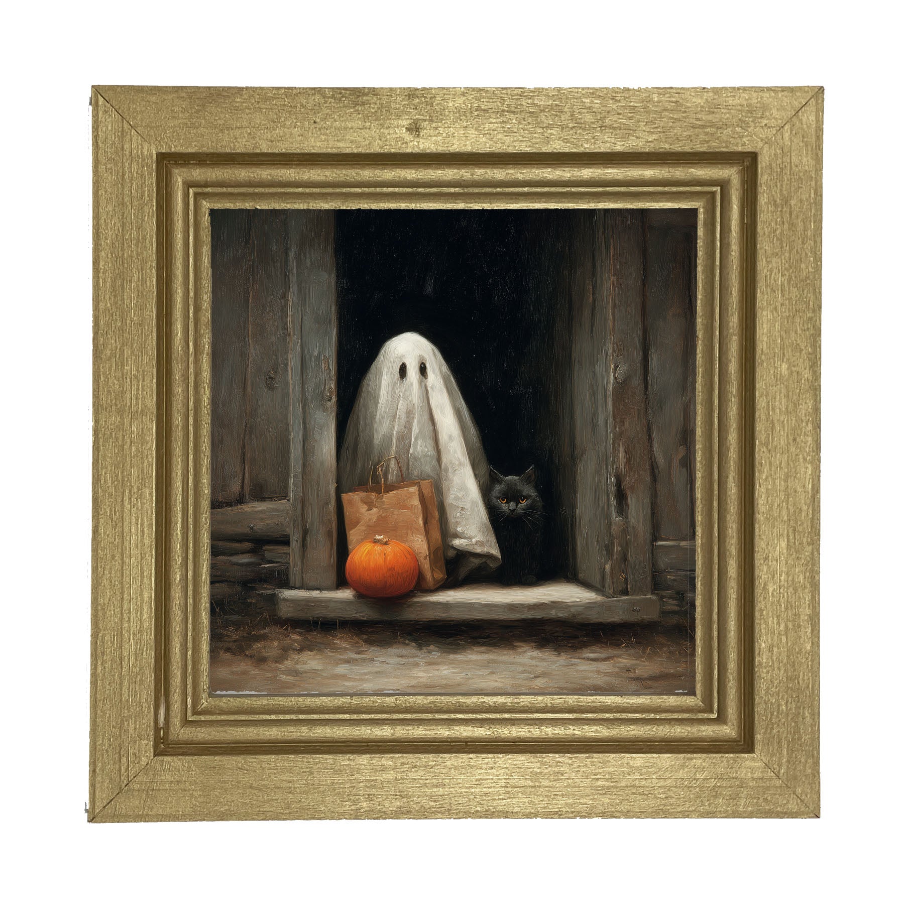 Ghost with Black Cat Trick or Treating - Framed Art