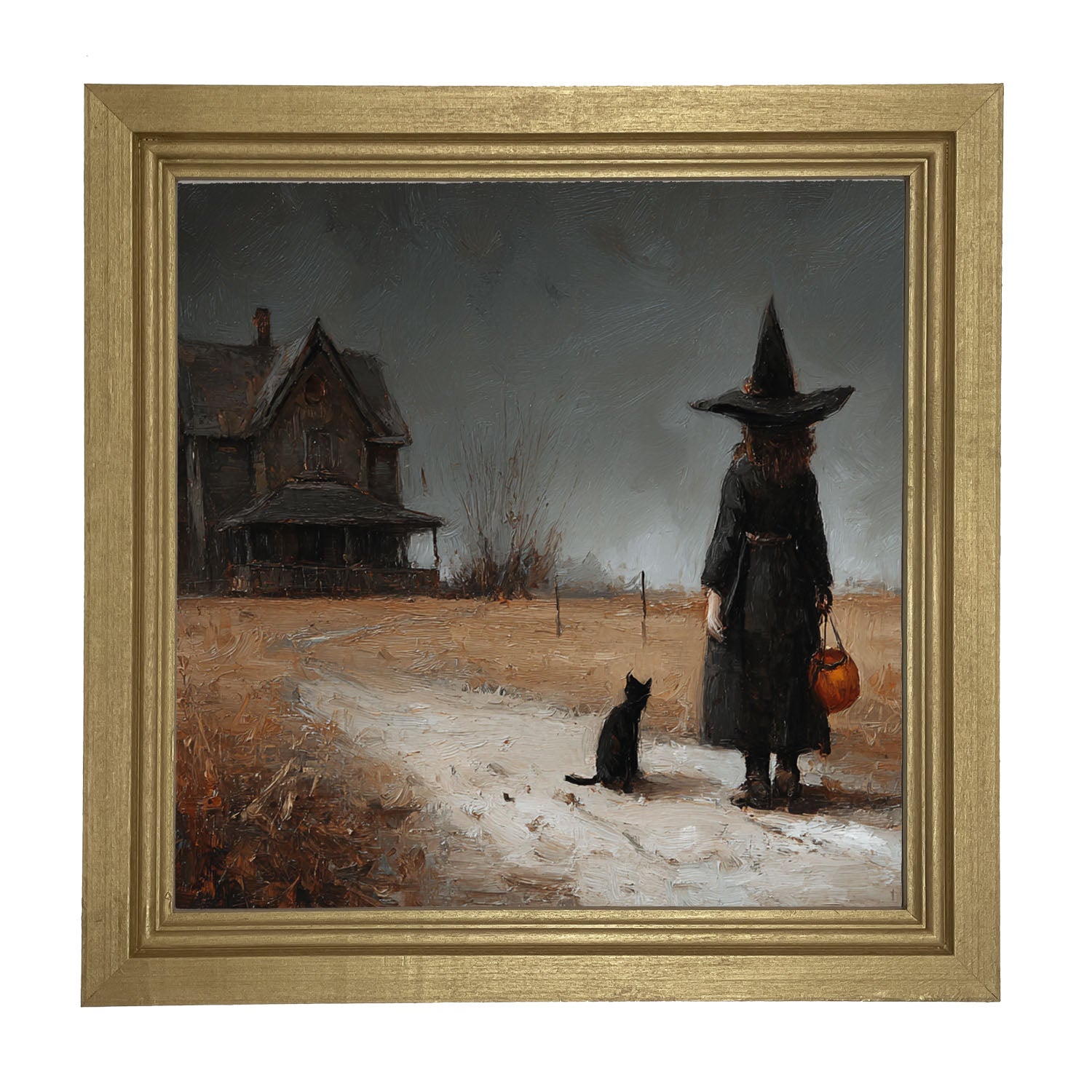 Witch with Black Cat Trick or Treating - Square - Framed Art