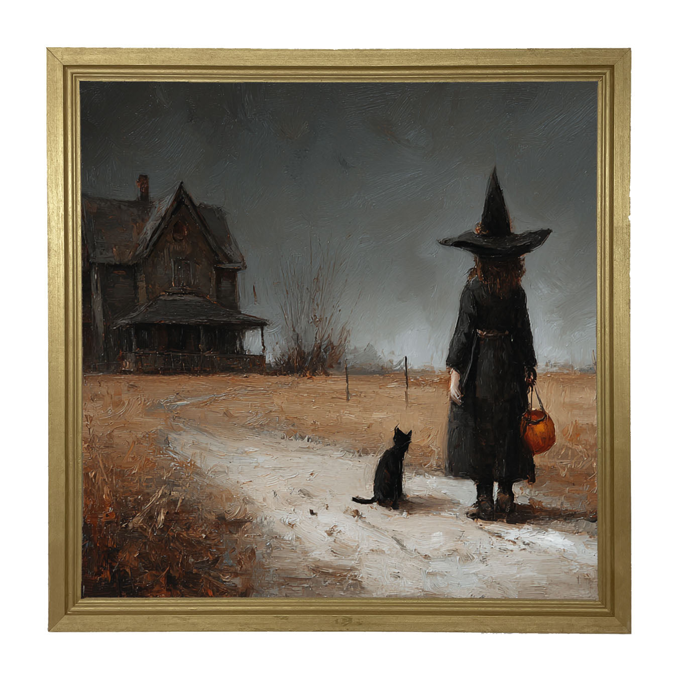 Witch with Black Cat Trick or Treating - Square - Framed Art