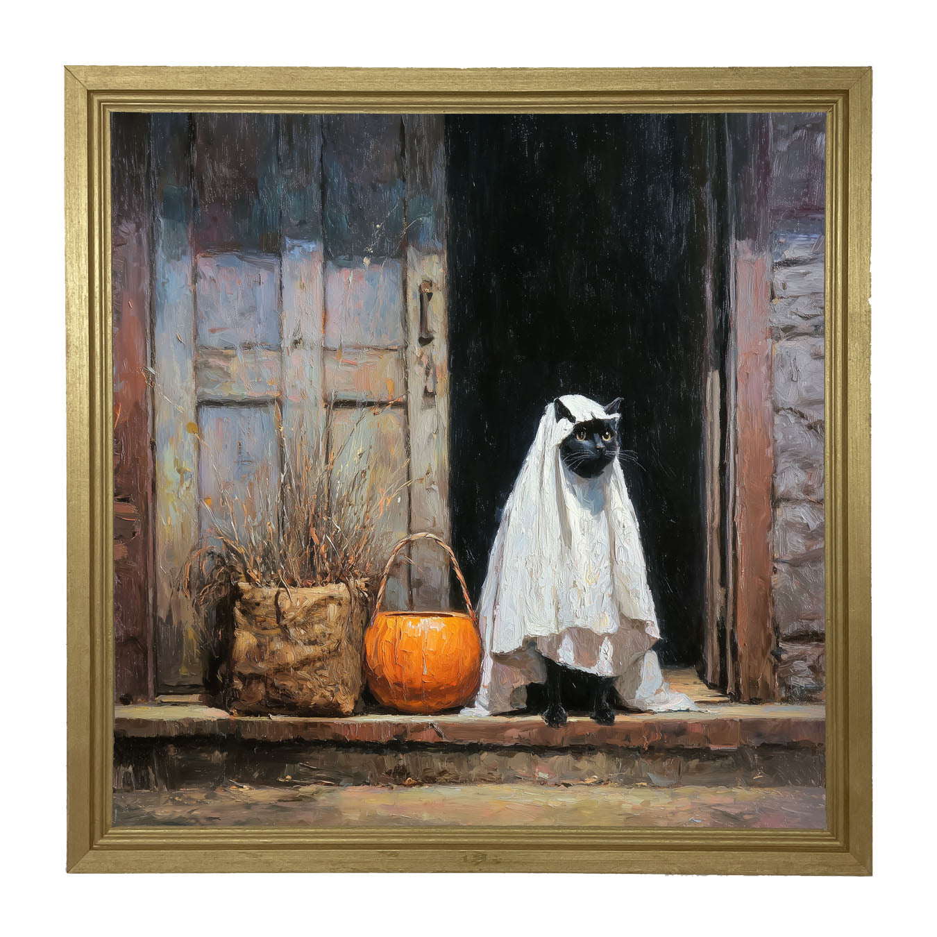 Trick or Treating Pets - Cat at the Door - Framed Art