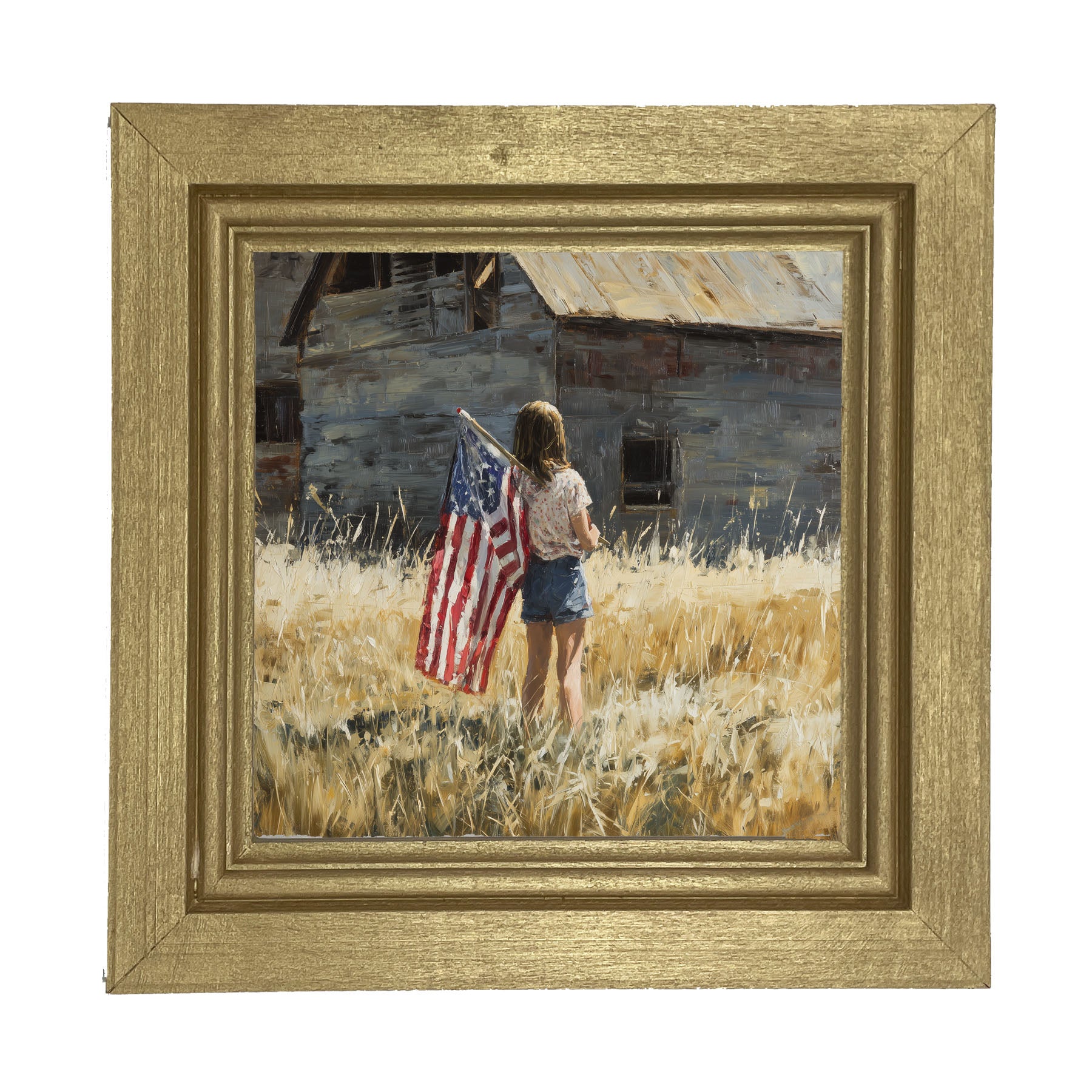 Child With Flag - Girl at Barn - Framed Art