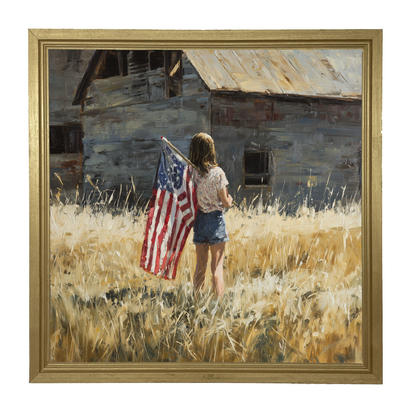 Child With Flag - Girl at Barn - Framed Art