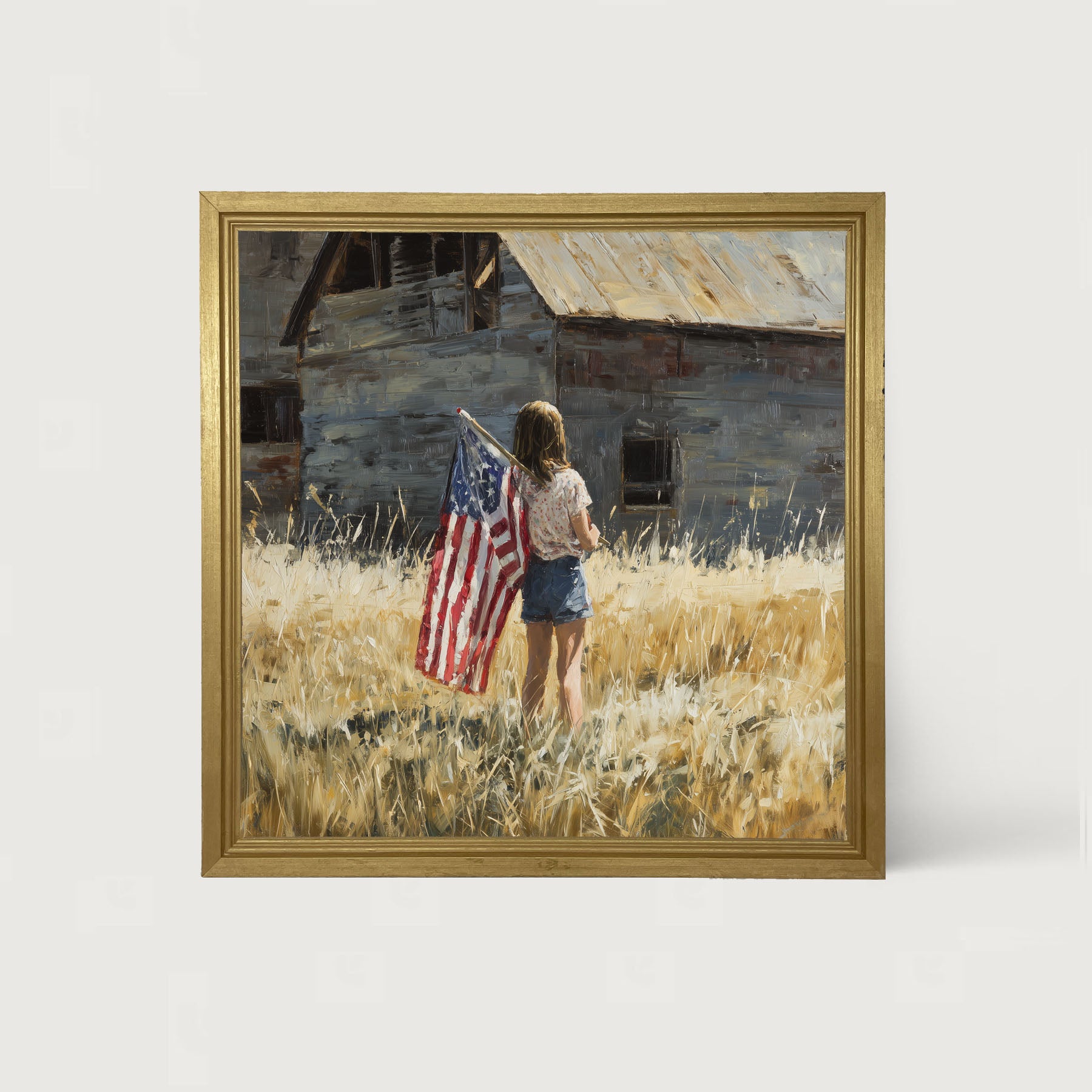 Child With Flag - Girl at Barn - Framed Art