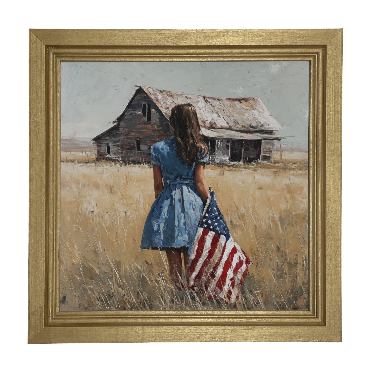 Child With Flag - Girl in Blue Dress - Framed Art