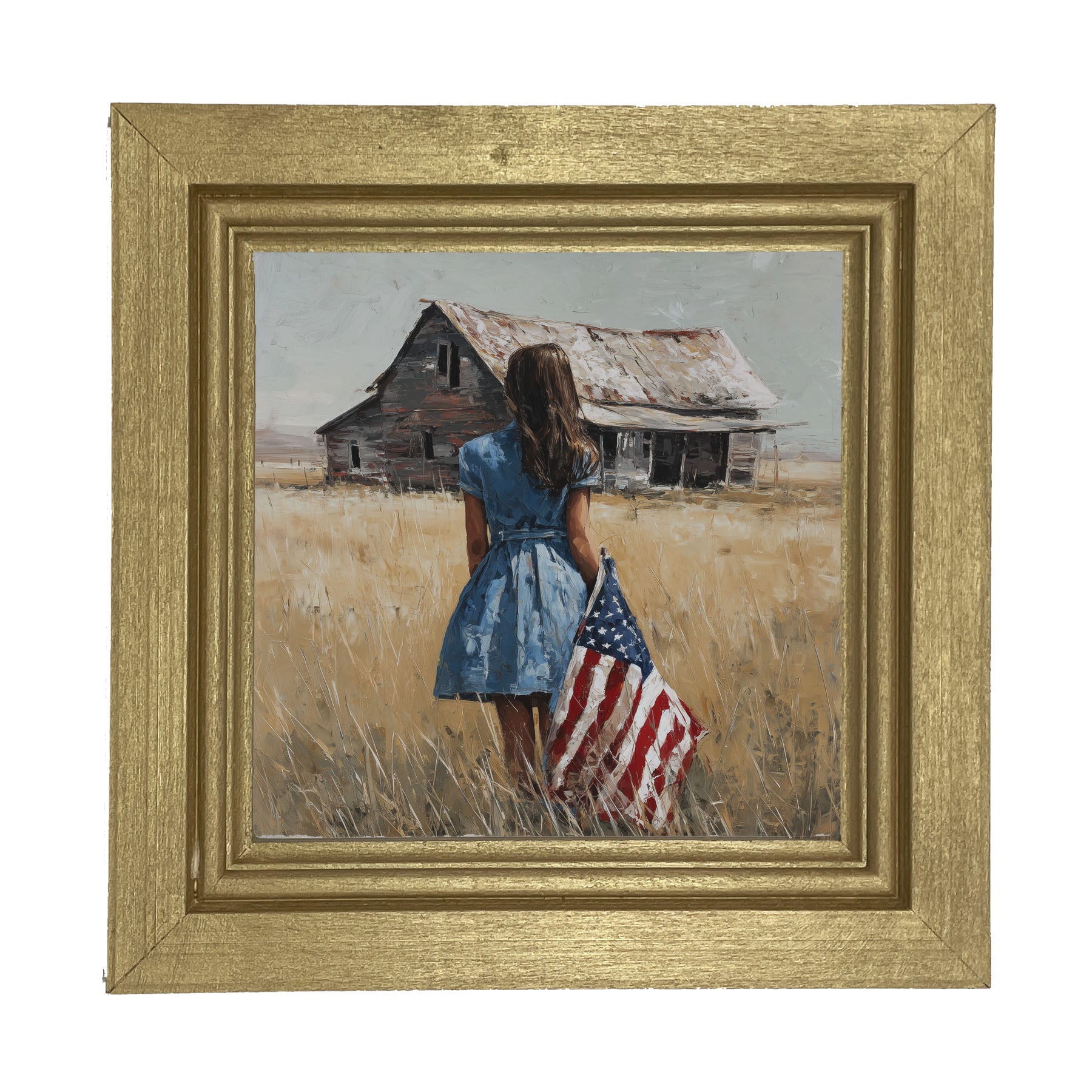 Child With Flag - Girl in Blue Dress - Framed Art