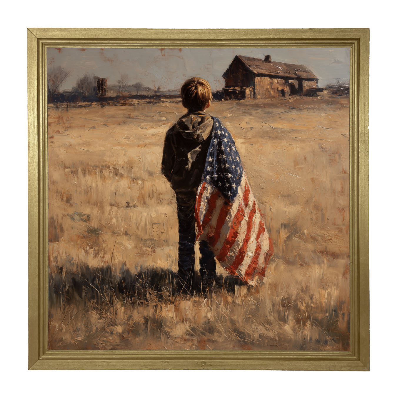 Child With Flag - Boy at Farm - Framed Art
