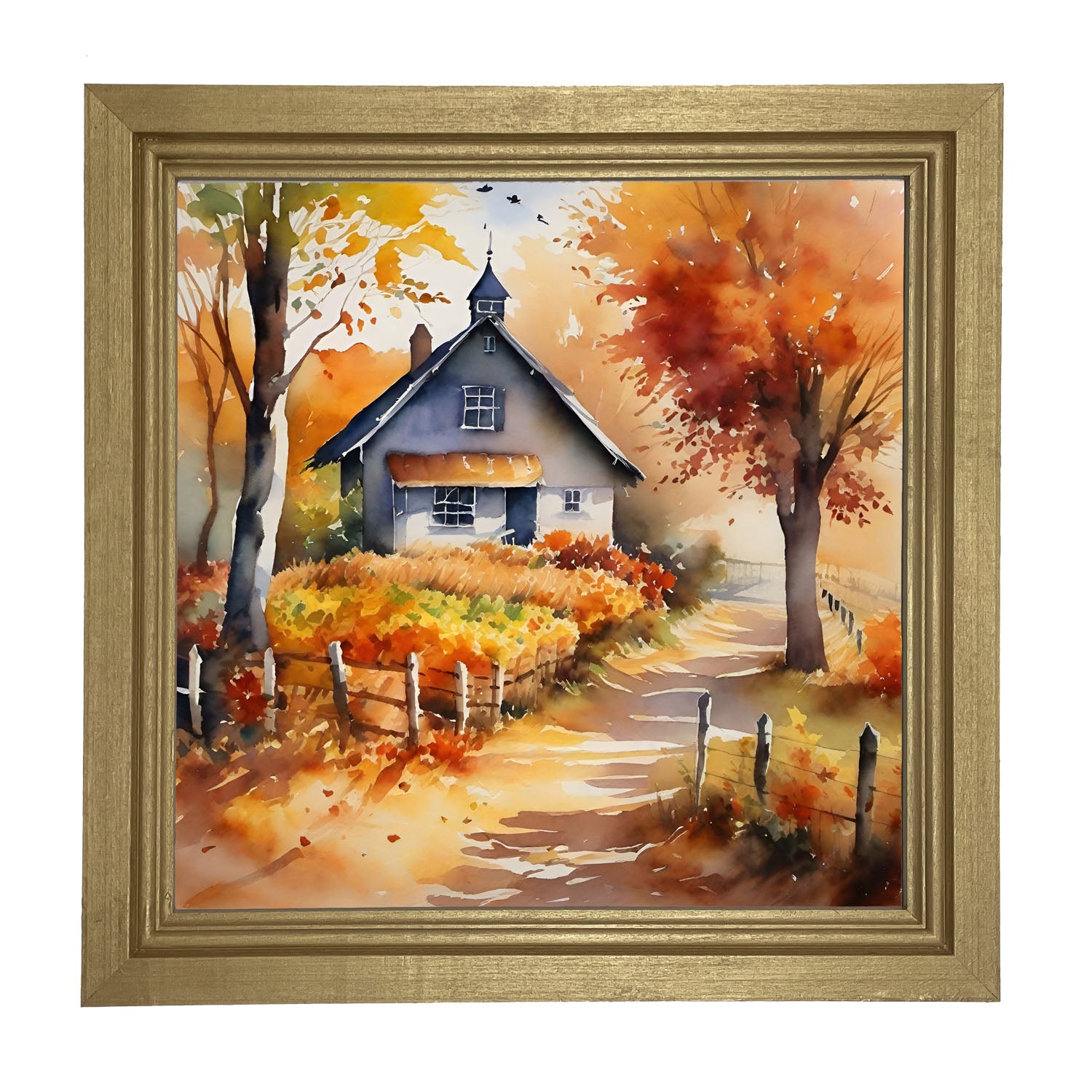Autumn house on path - Framed Art