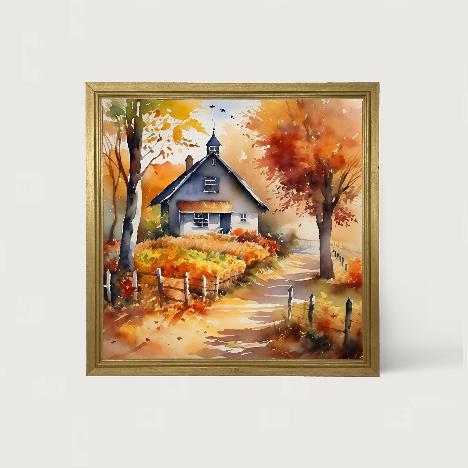 Autumn house on path - Framed Art