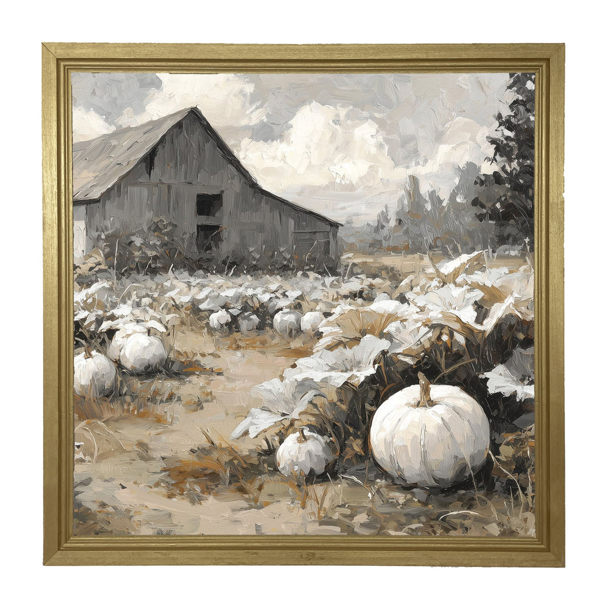 White Pumpkins in Field - Framed Art