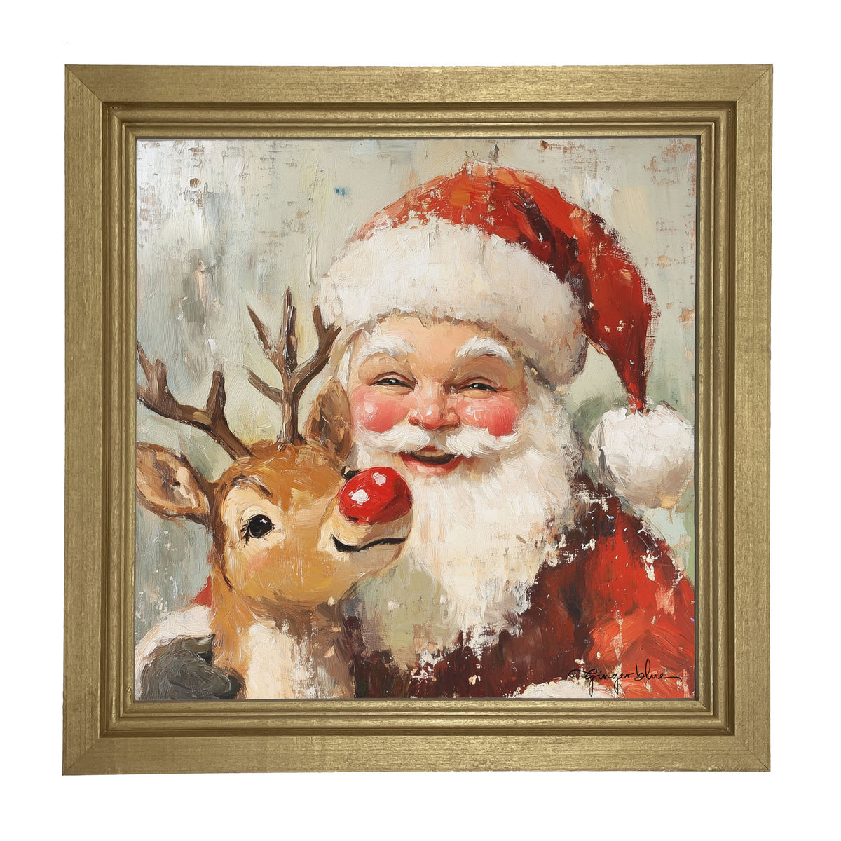 Santa Smiling with Reindeer - Framed Art