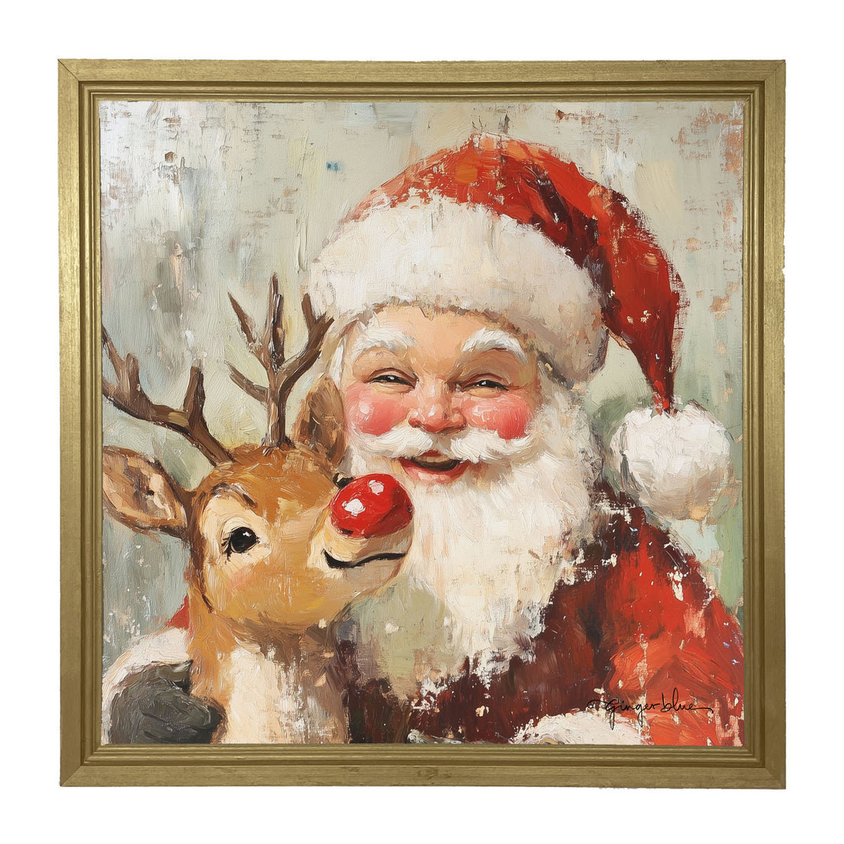 Santa Smiling with Reindeer - Framed Art