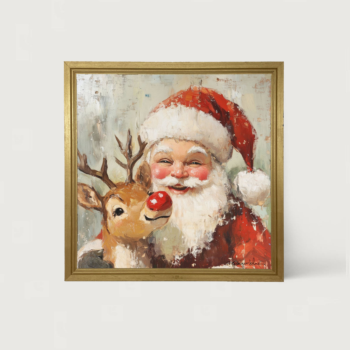 Santa Smiling with Reindeer - Framed Art