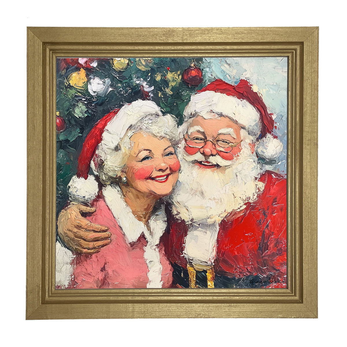 Santa and Mrs. Claus Smiling near Tree - Framed Art