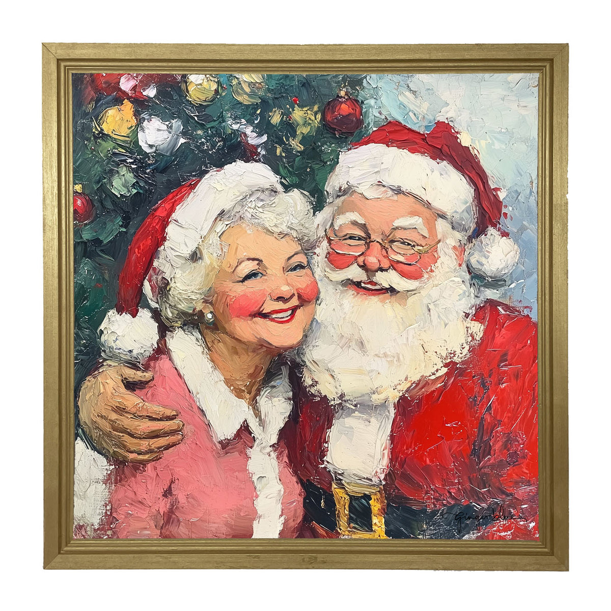 Santa and Mrs. Claus Smiling near Tree - Framed Art