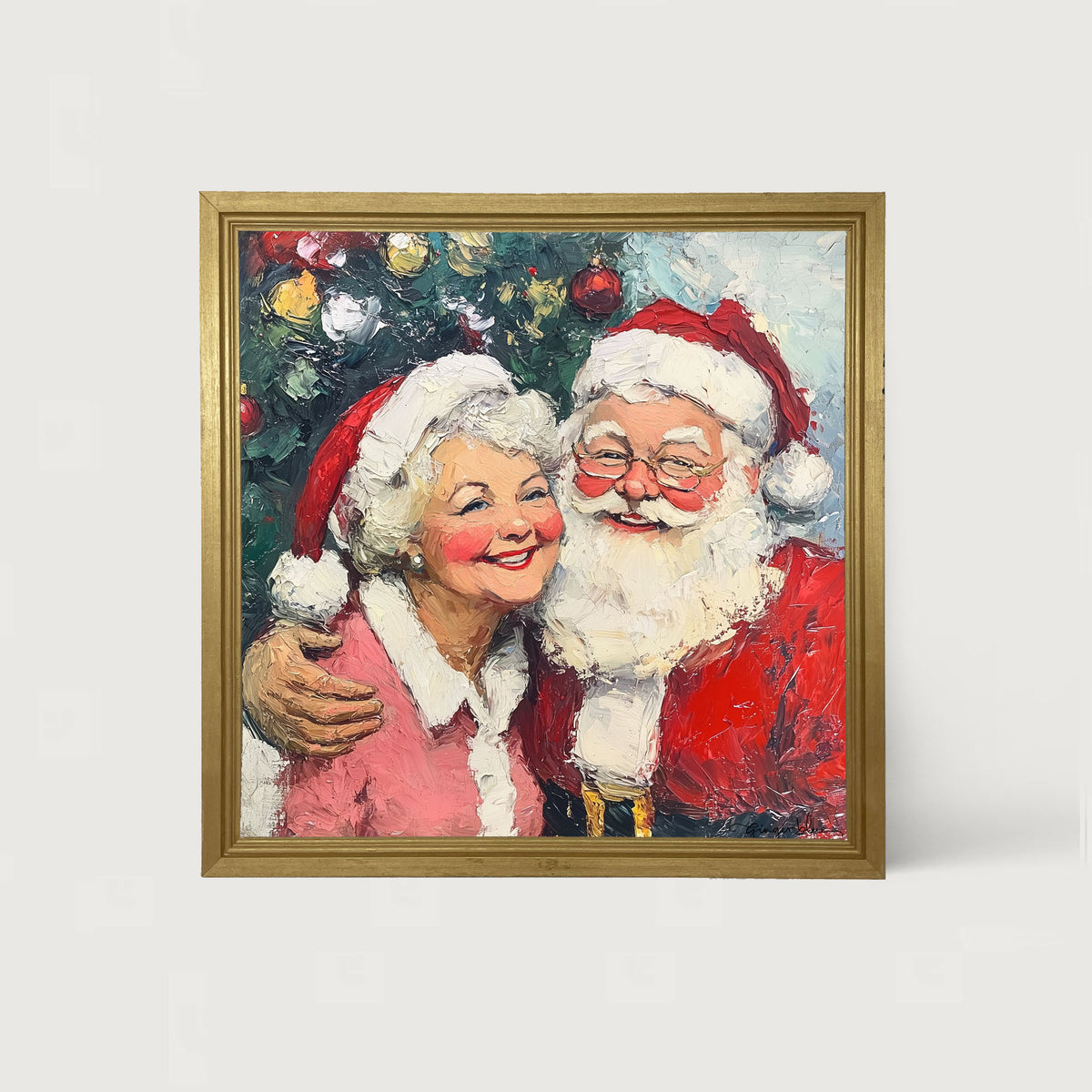Santa and Mrs. Claus Smiling near Tree - Framed Art