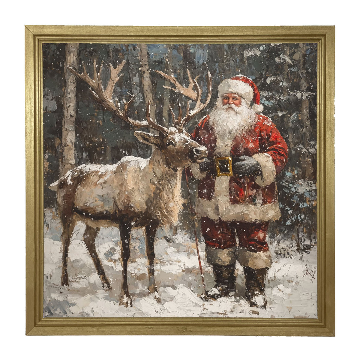 Santa Standing with Reindeer - Framed Art