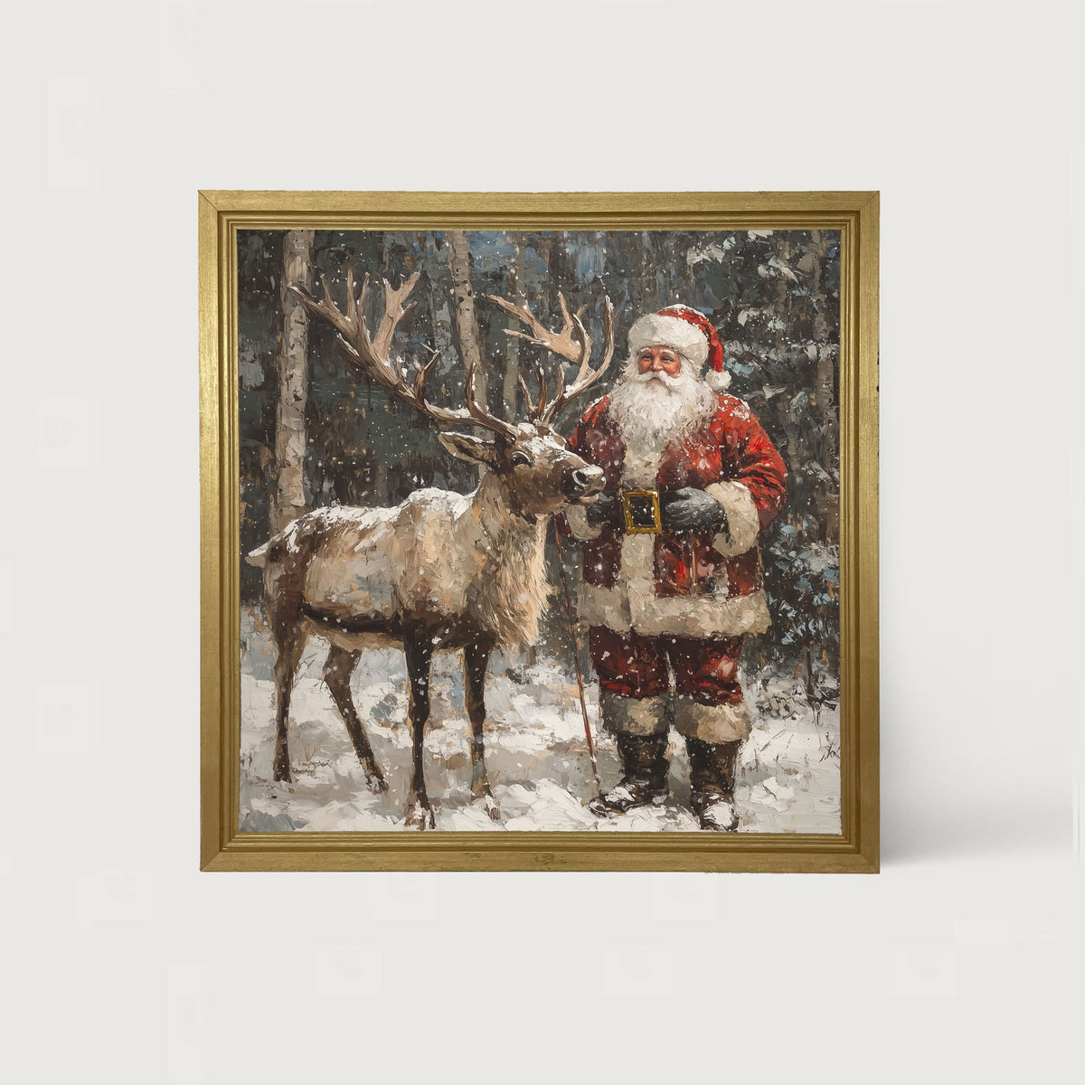Santa Standing with Reindeer - Framed Art
