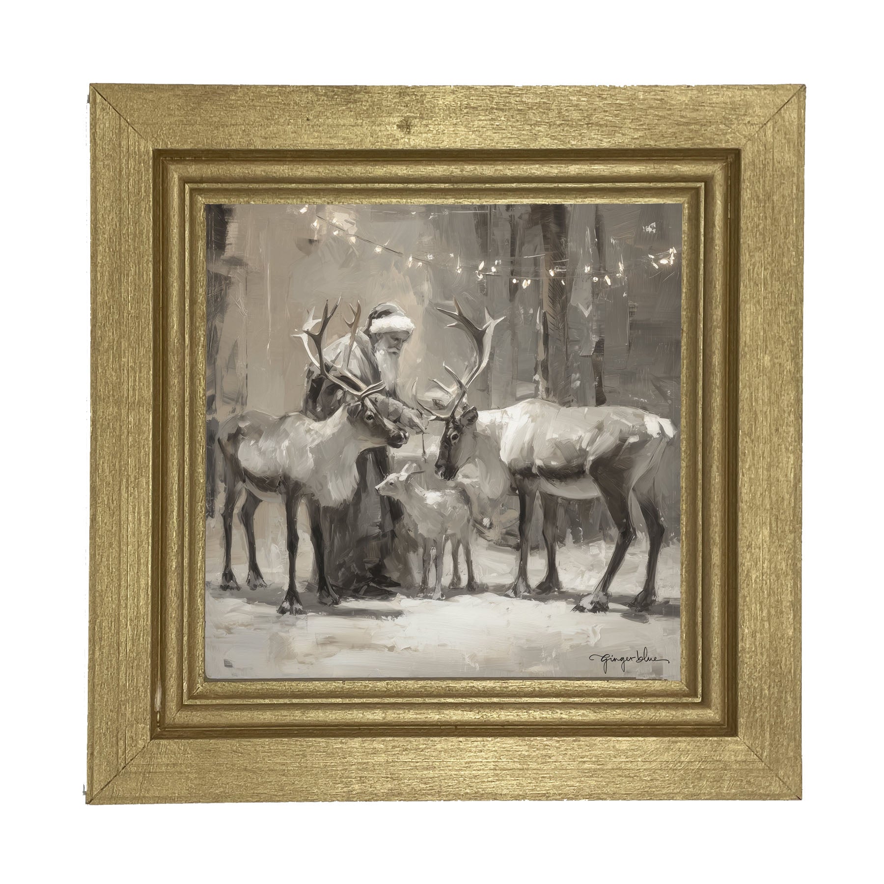 Santa and Reindeers under Christmas Lights - Framed Art