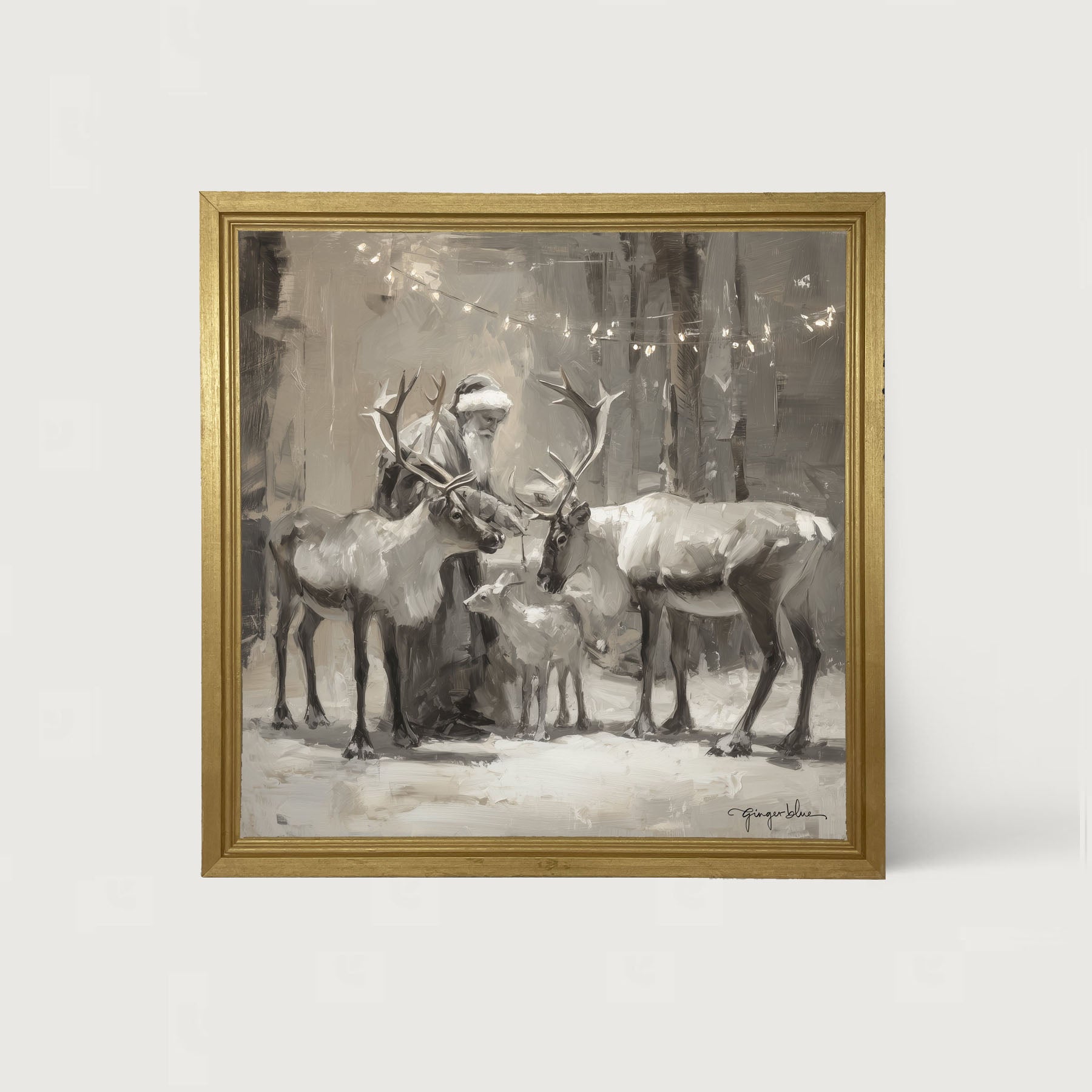Santa and Reindeers under Christmas Lights - Framed Art